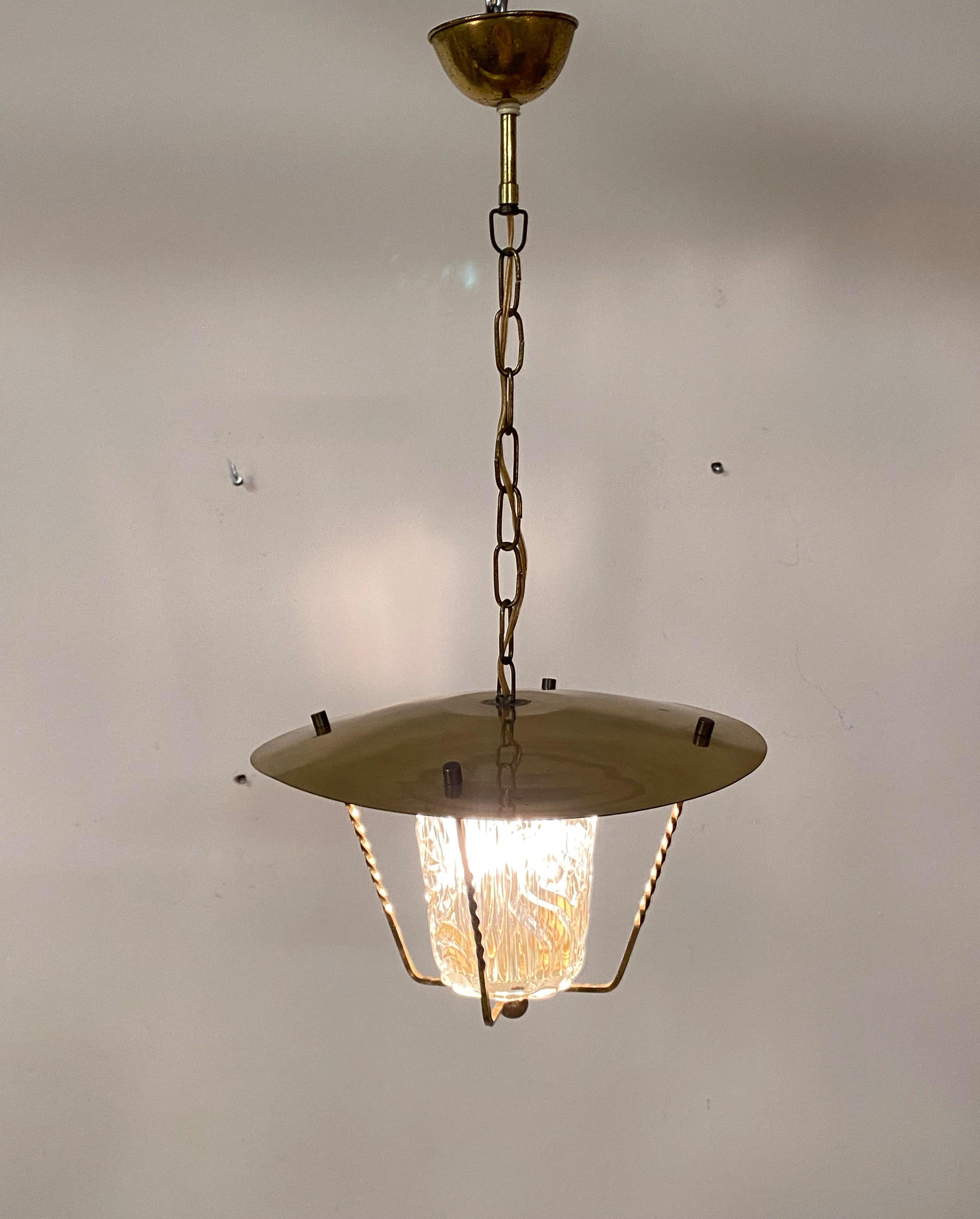 Midcentury Brass Pendant Lamp With Structured Glass Shade  For Sale 3
