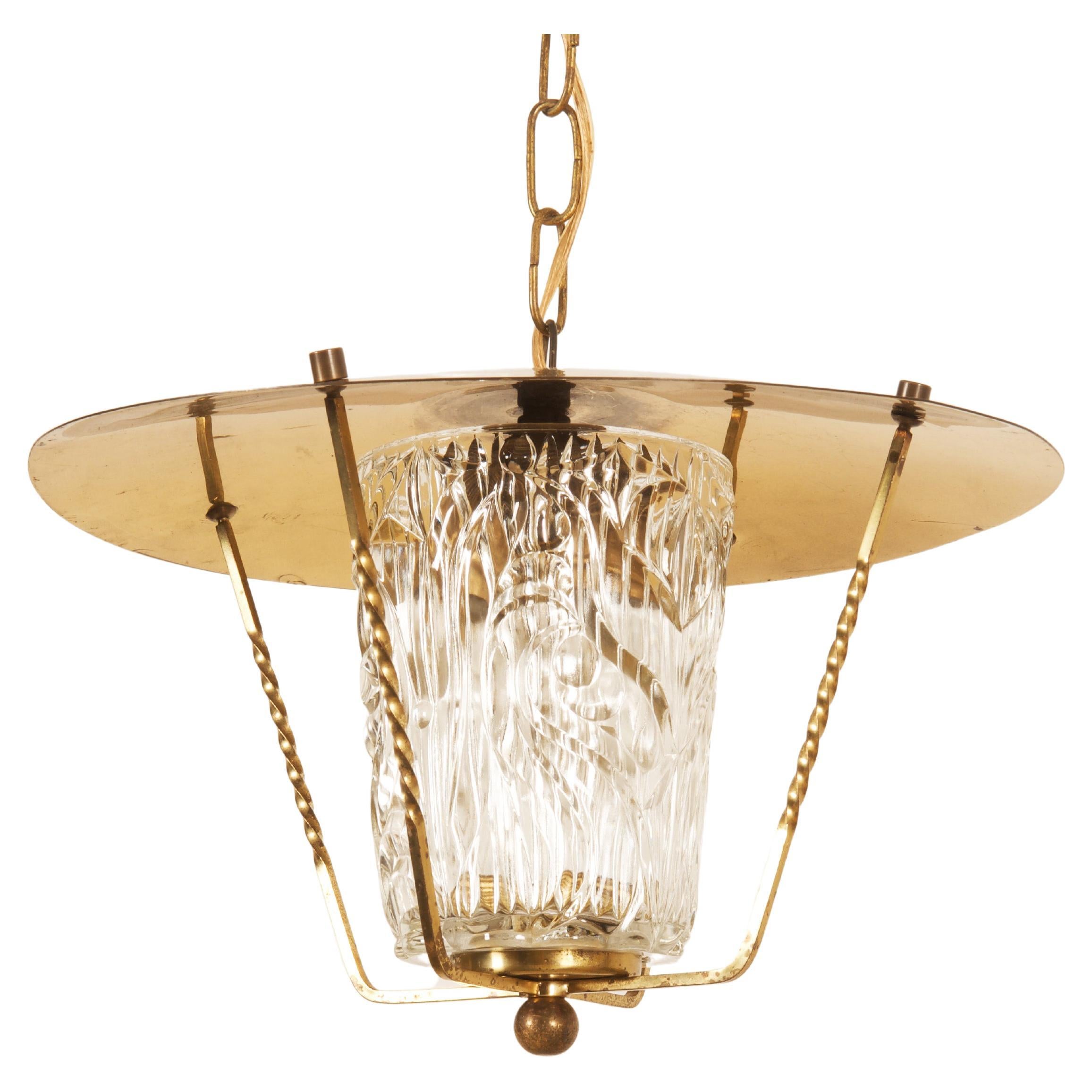 Midcentury Brass Pendant Lamp With Structured Glass Shade 