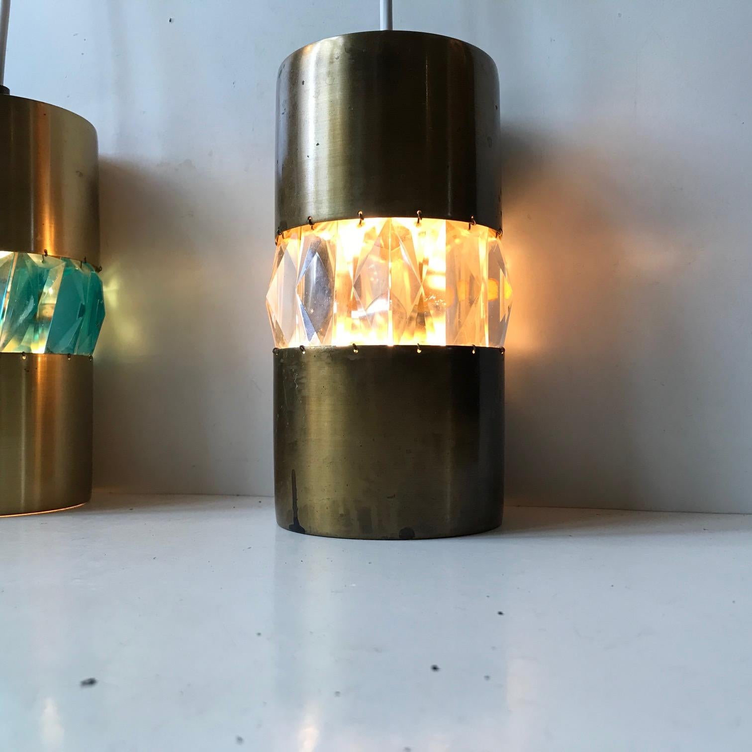 Mid-20th Century Midcentury Brass Pendant Lamps with Bohemian Crystal Prisms, 1960s For Sale