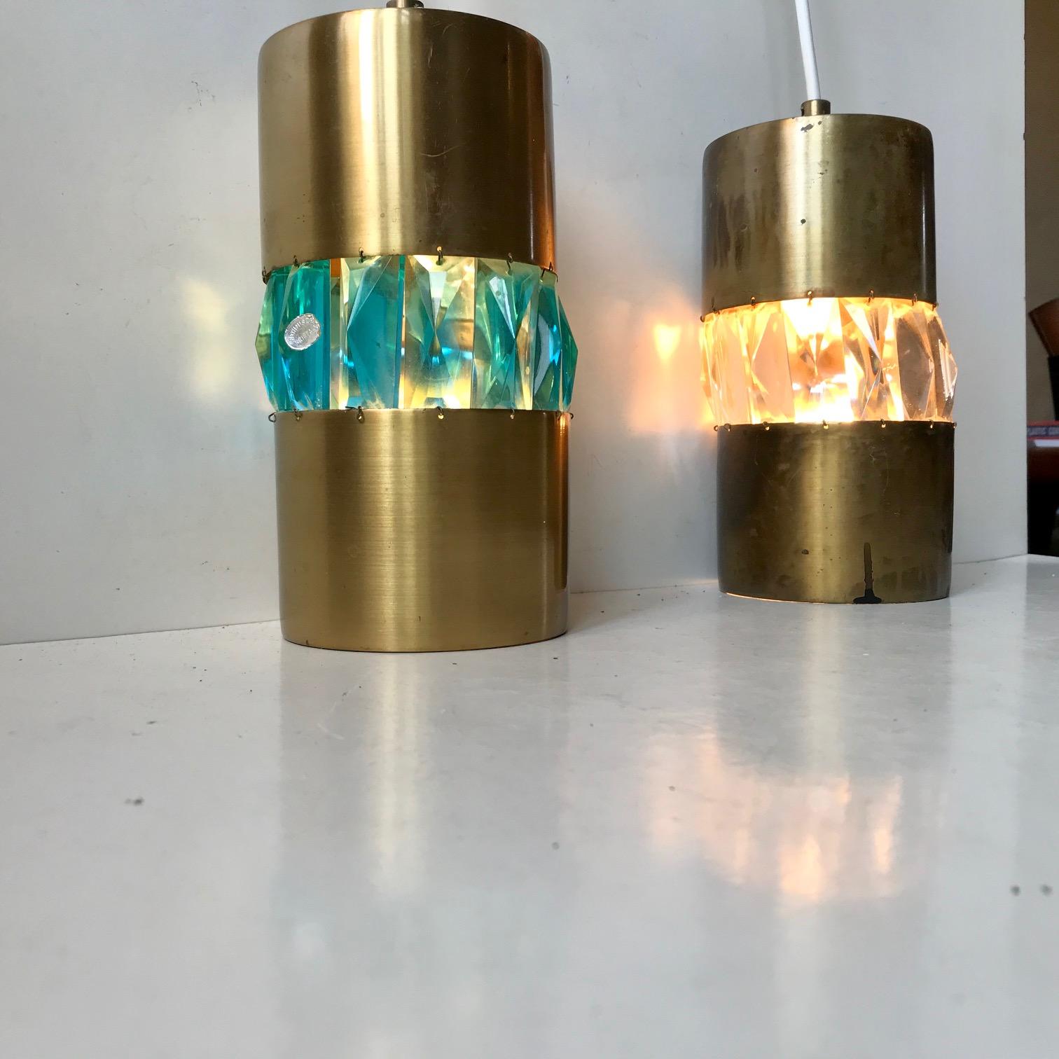 Midcentury Brass Pendant Lamps with Bohemian Crystal Prisms, 1960s For Sale 1
