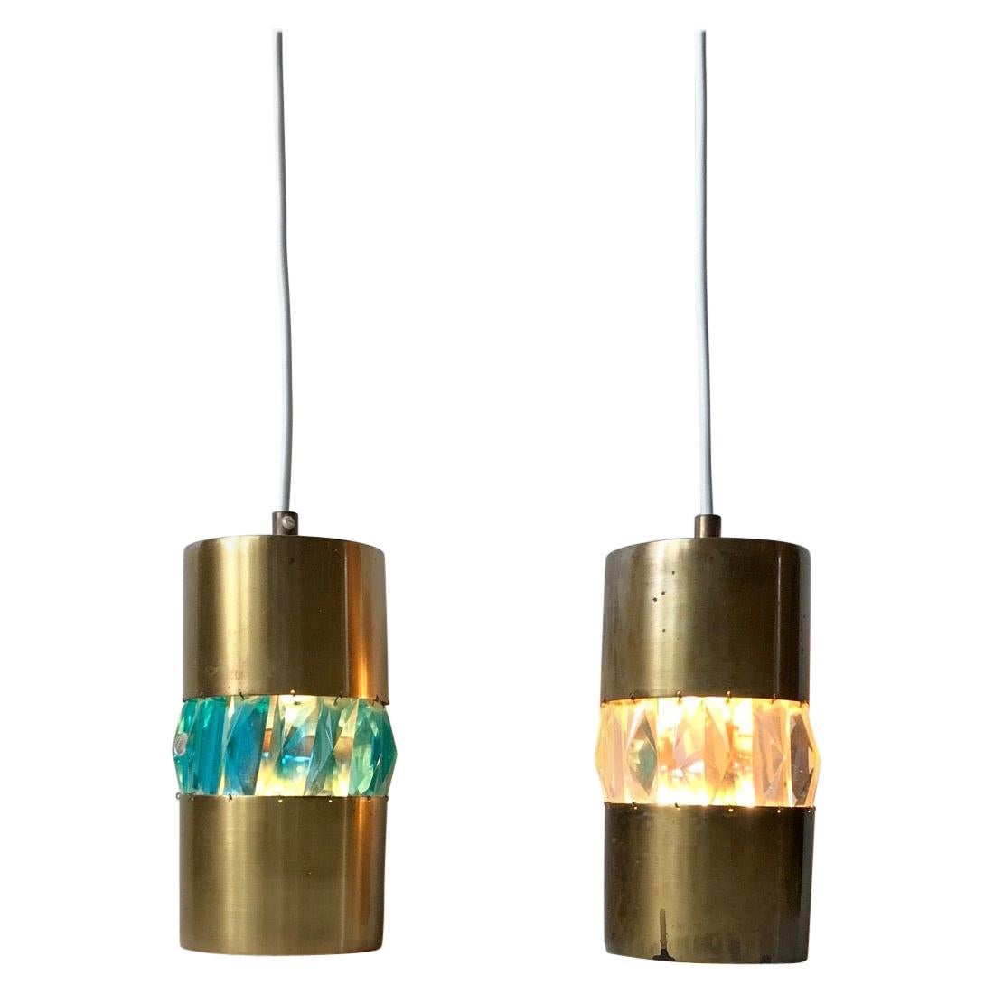 Midcentury Brass Pendant Lamps with Bohemian Crystal Prisms, 1960s For Sale