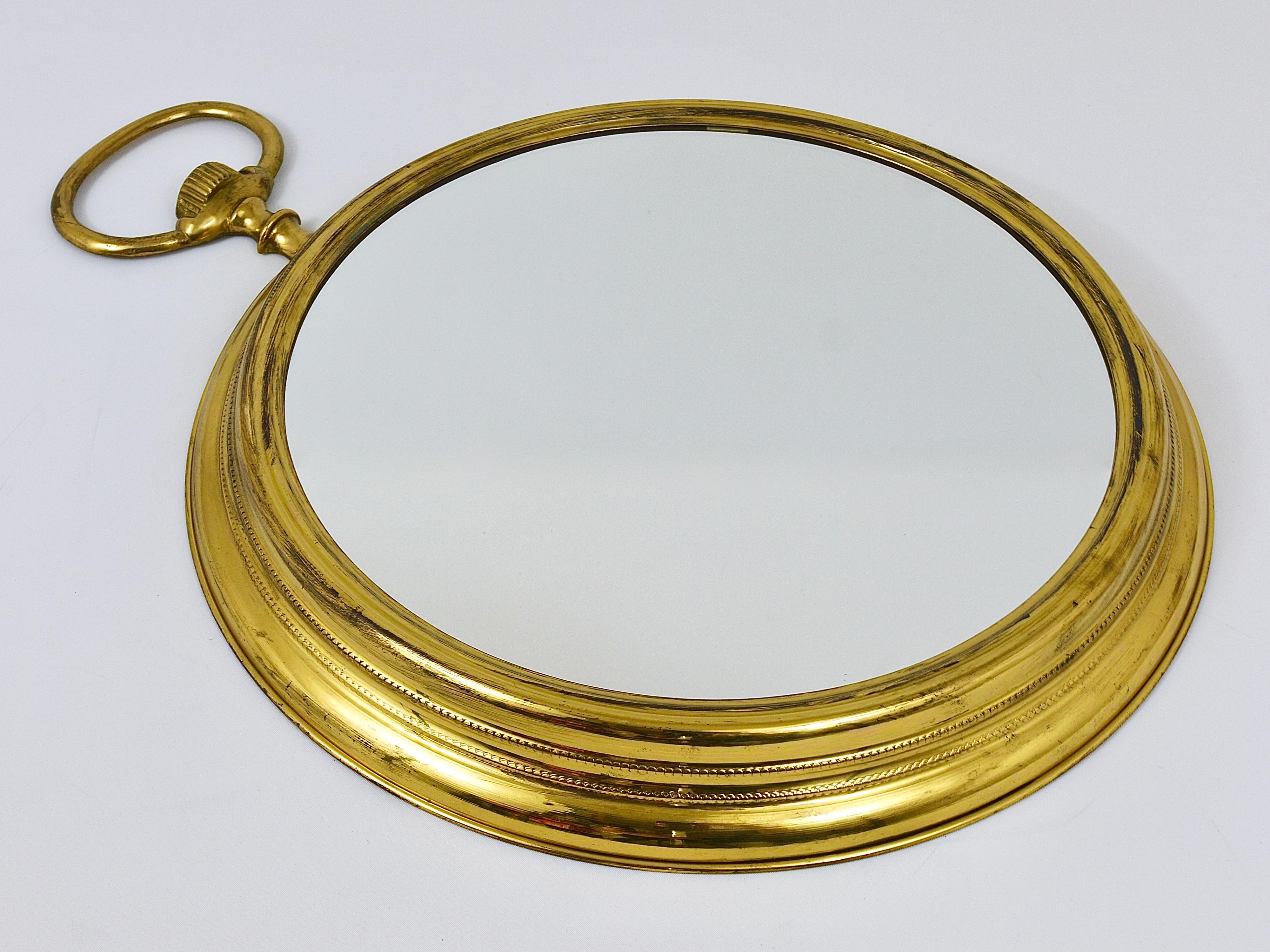Mid-Century Modern Midcentury Brass Pocket Watch Wall Mirror, Attributed to Piero Fornasetti, Italy