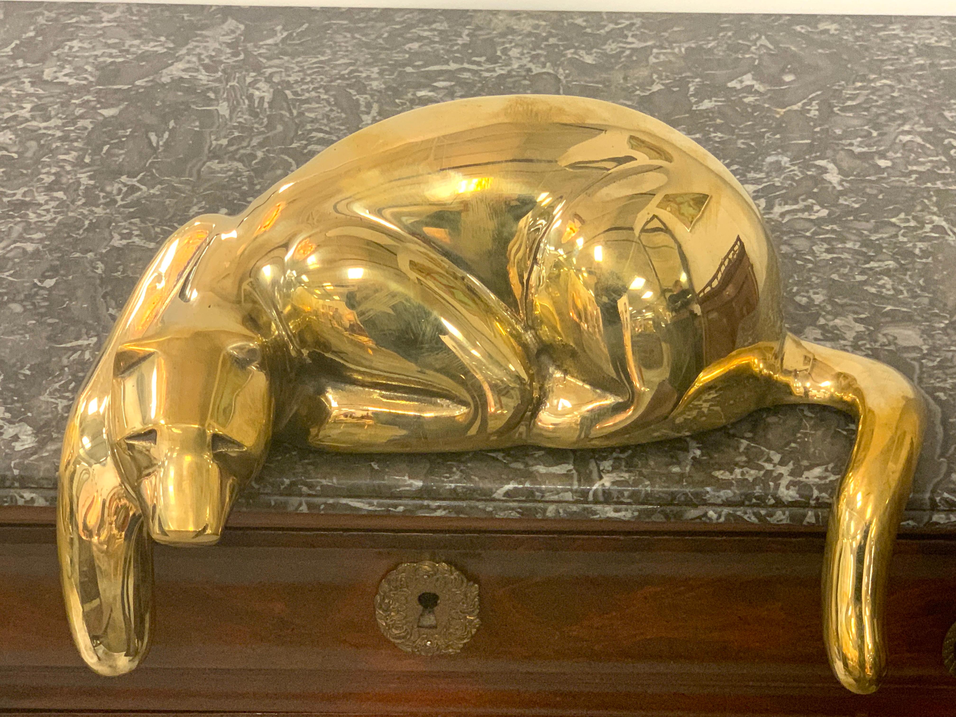 Mid-Century Modern Midcentury Brass Resting Leopard Sculpture by Sarried For Sale