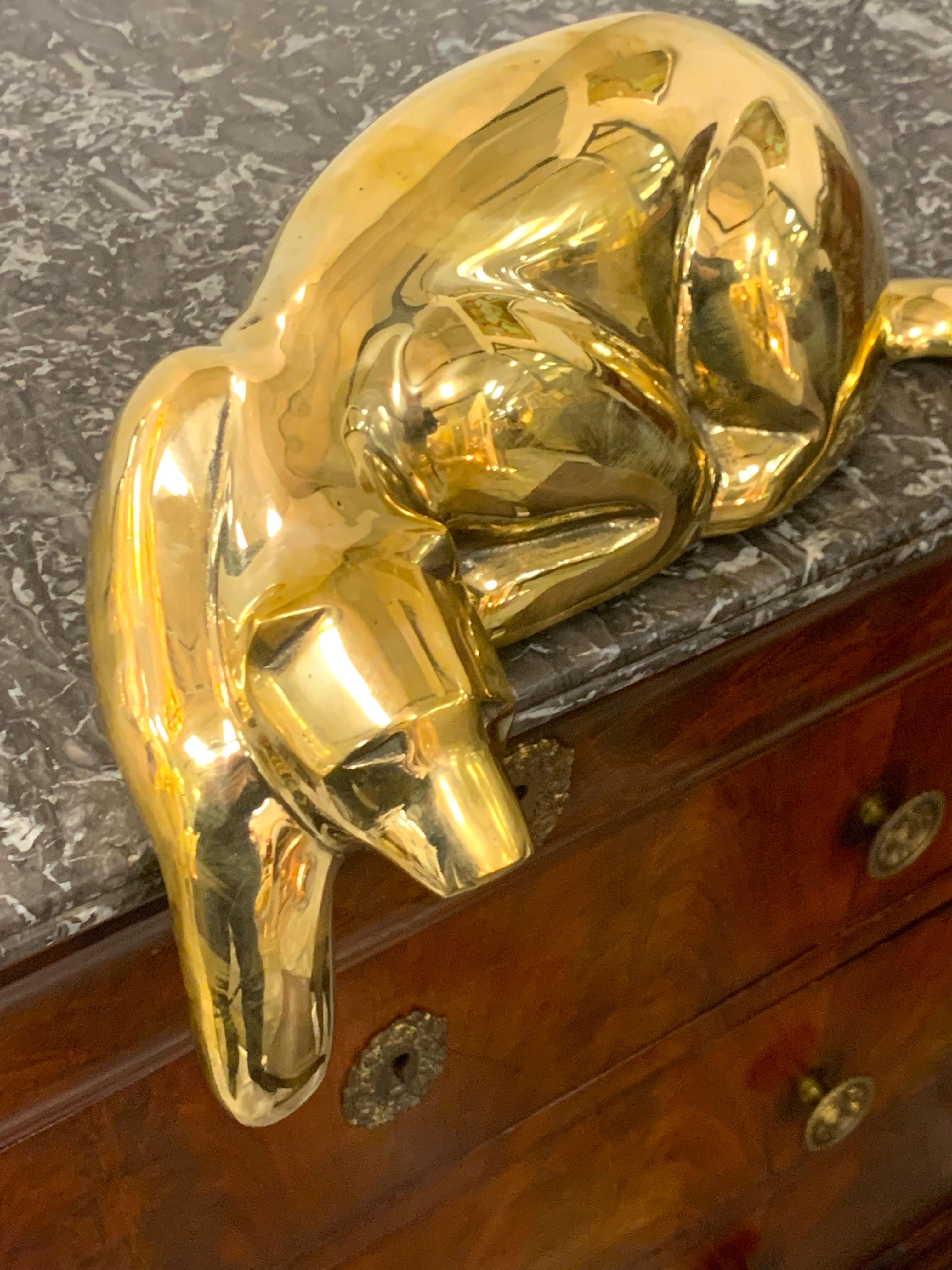 Italian Midcentury Brass Resting Leopard Sculpture by Sarried For Sale