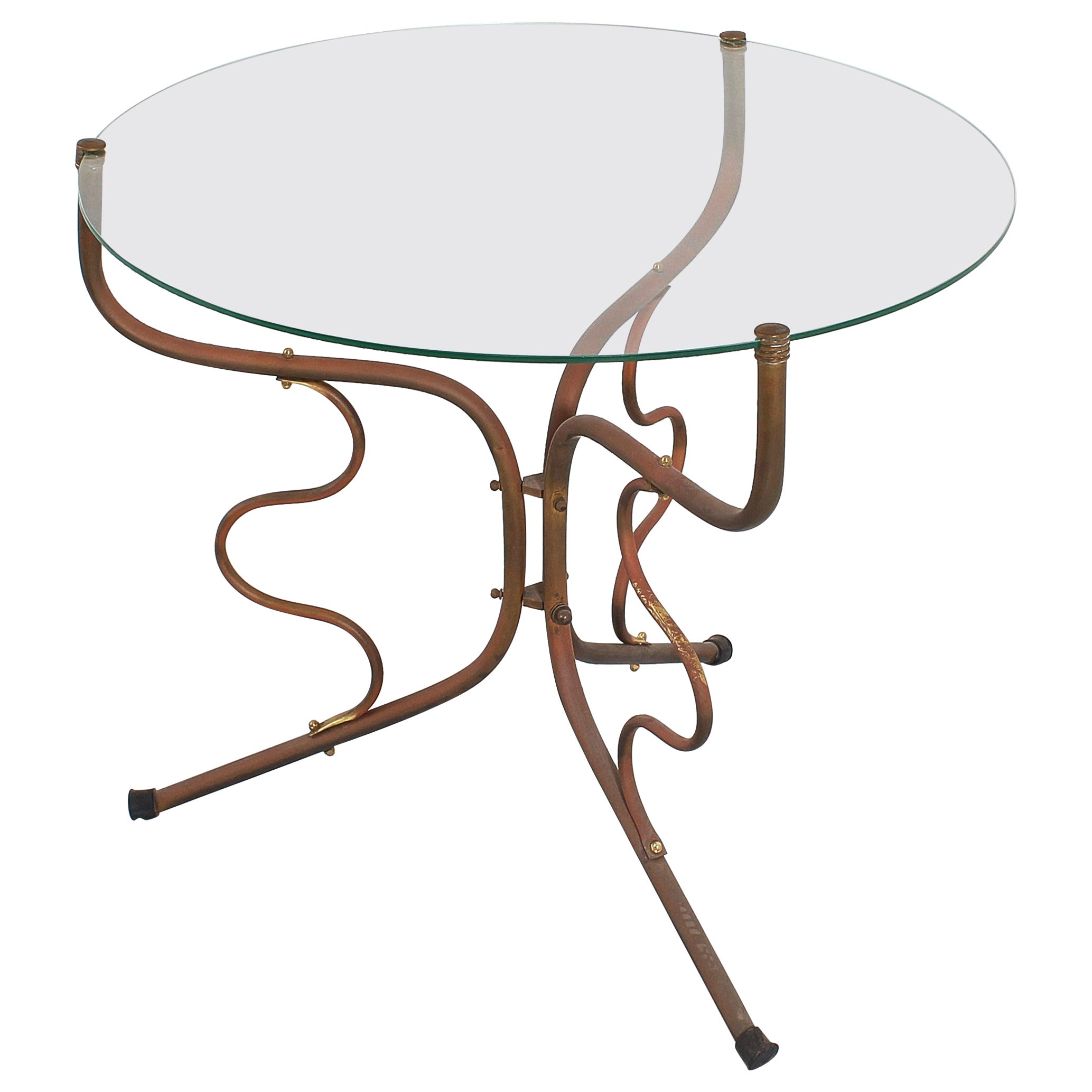 Midcentury Brass Rod and Glass Round Coffee Table Italy 1950s