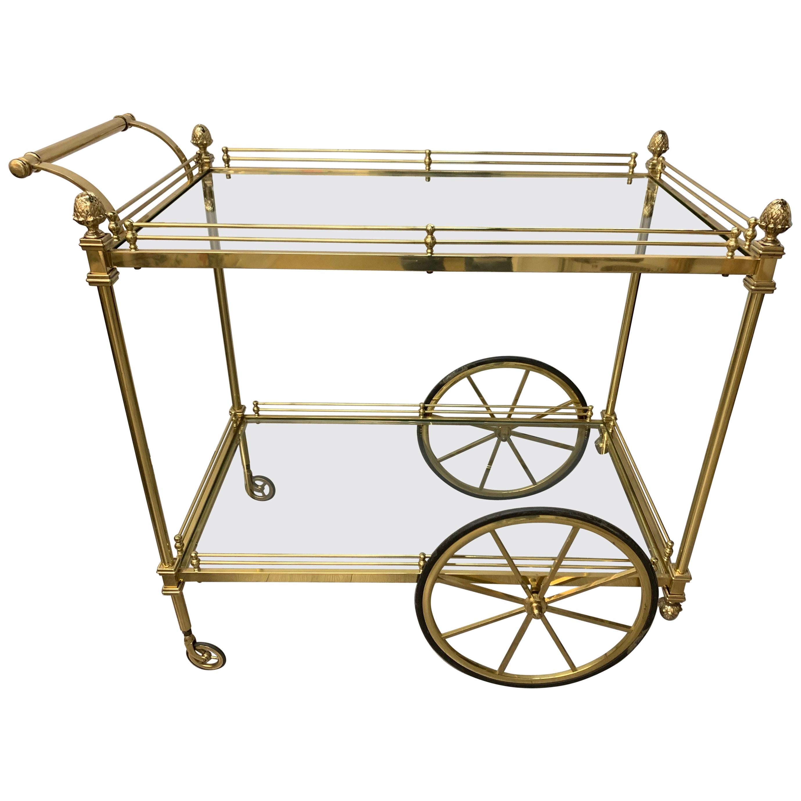 Midcentury Brass Rolling Tea Cart Bar Cart with Glass Shelves