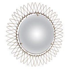 Retro Midcentury Brass Round French Sunburst Adjustable Wall Mirror, Late 1970s