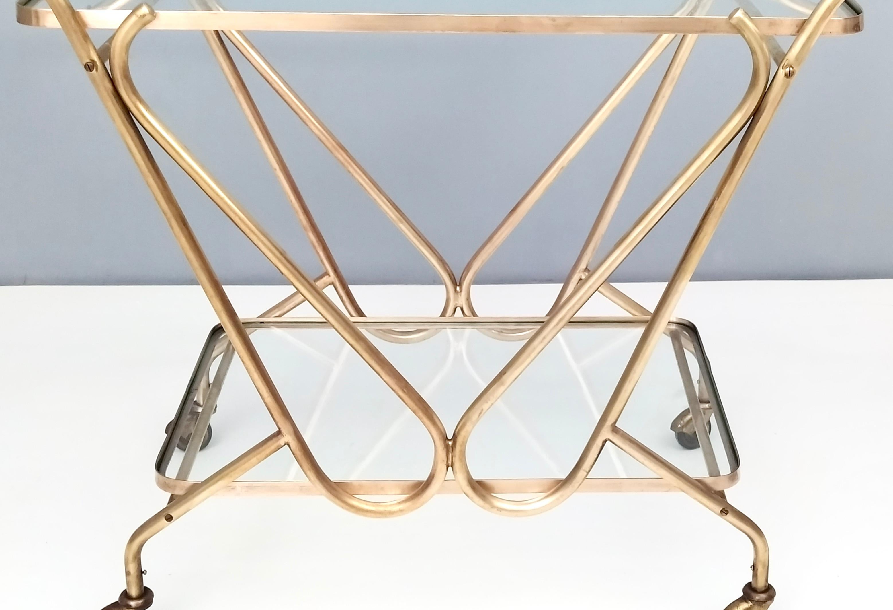 Vintage Brass Serving Cart with Glass Shelves, Italy For Sale 4