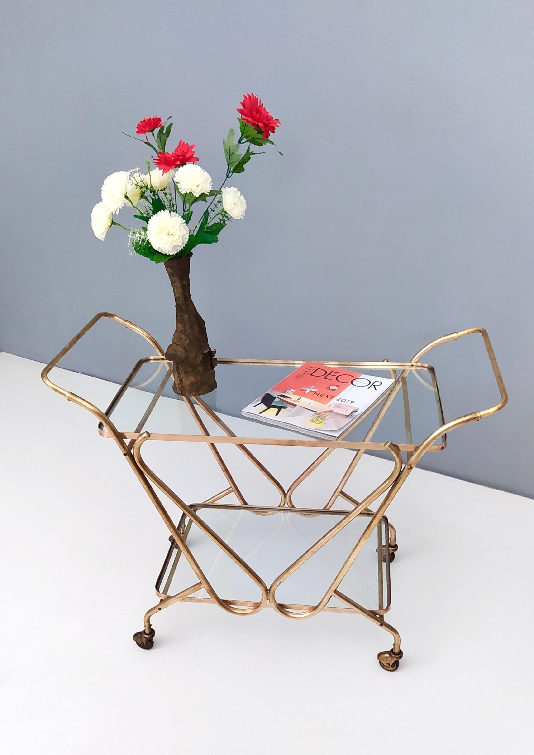 Italian Vintage Brass Serving Cart with Glass Shelves, Italy For Sale