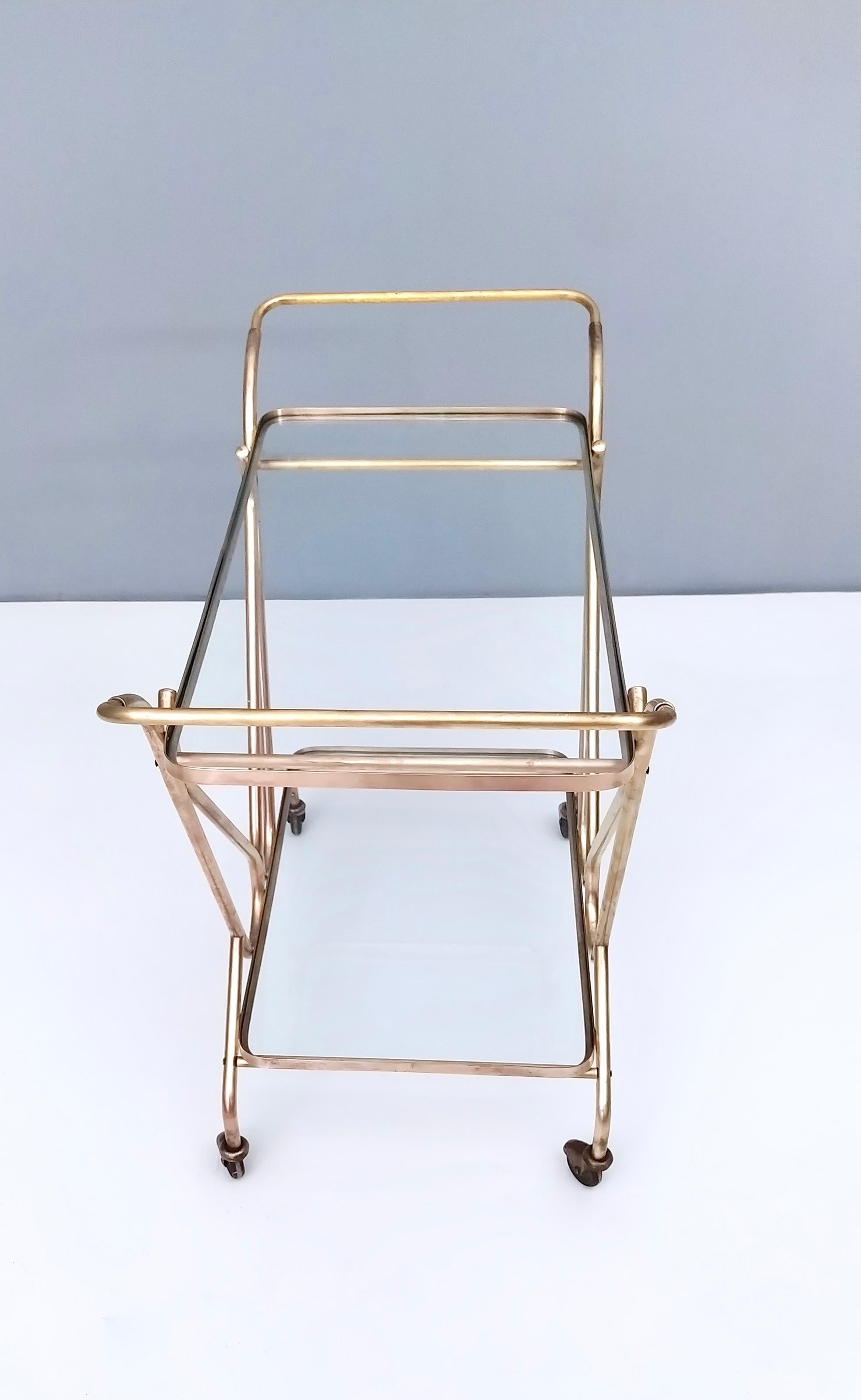 Mid-20th Century Vintage Brass Serving Cart with Glass Shelves, Italy For Sale