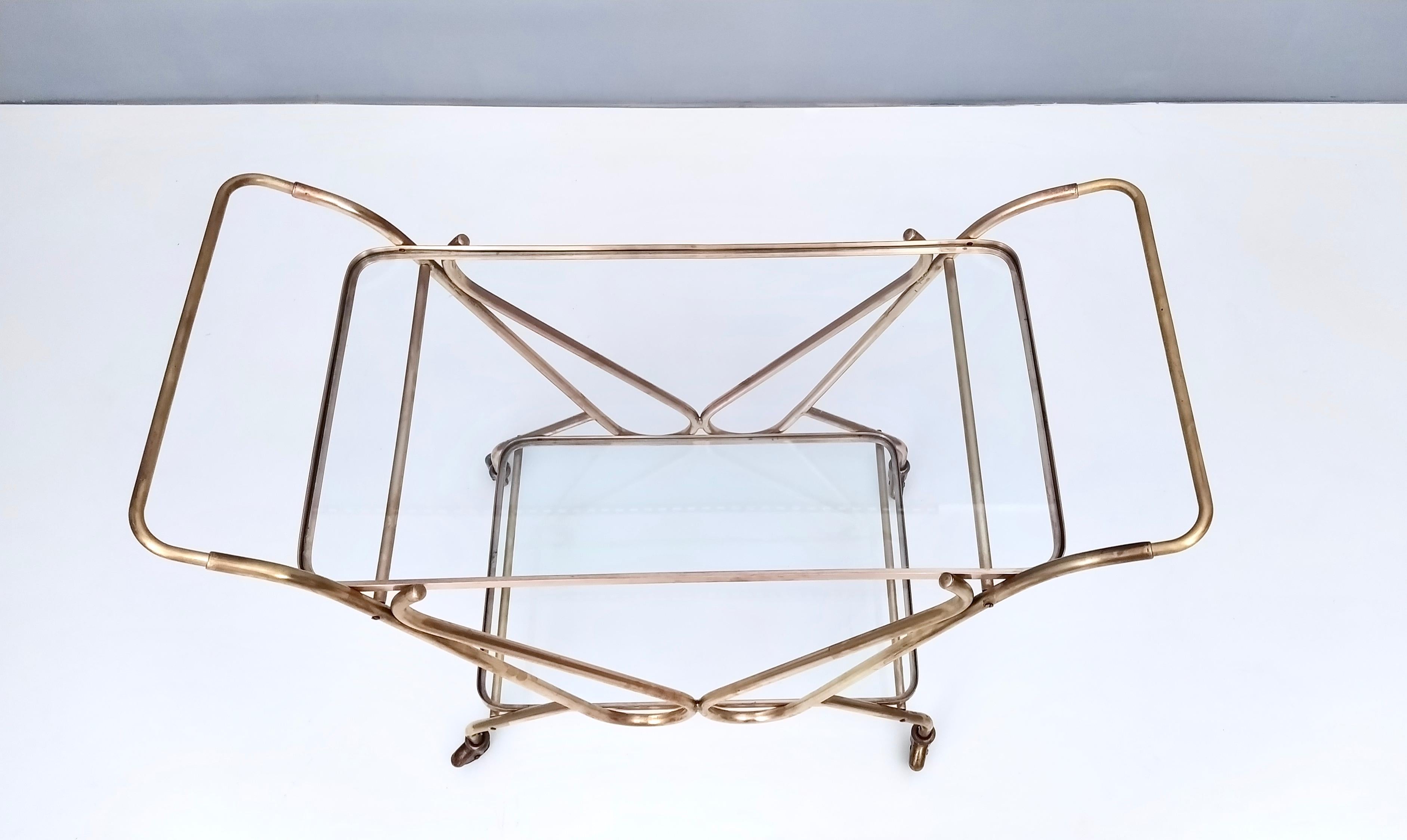 Vintage Brass Serving Cart with Glass Shelves, Italy For Sale 2