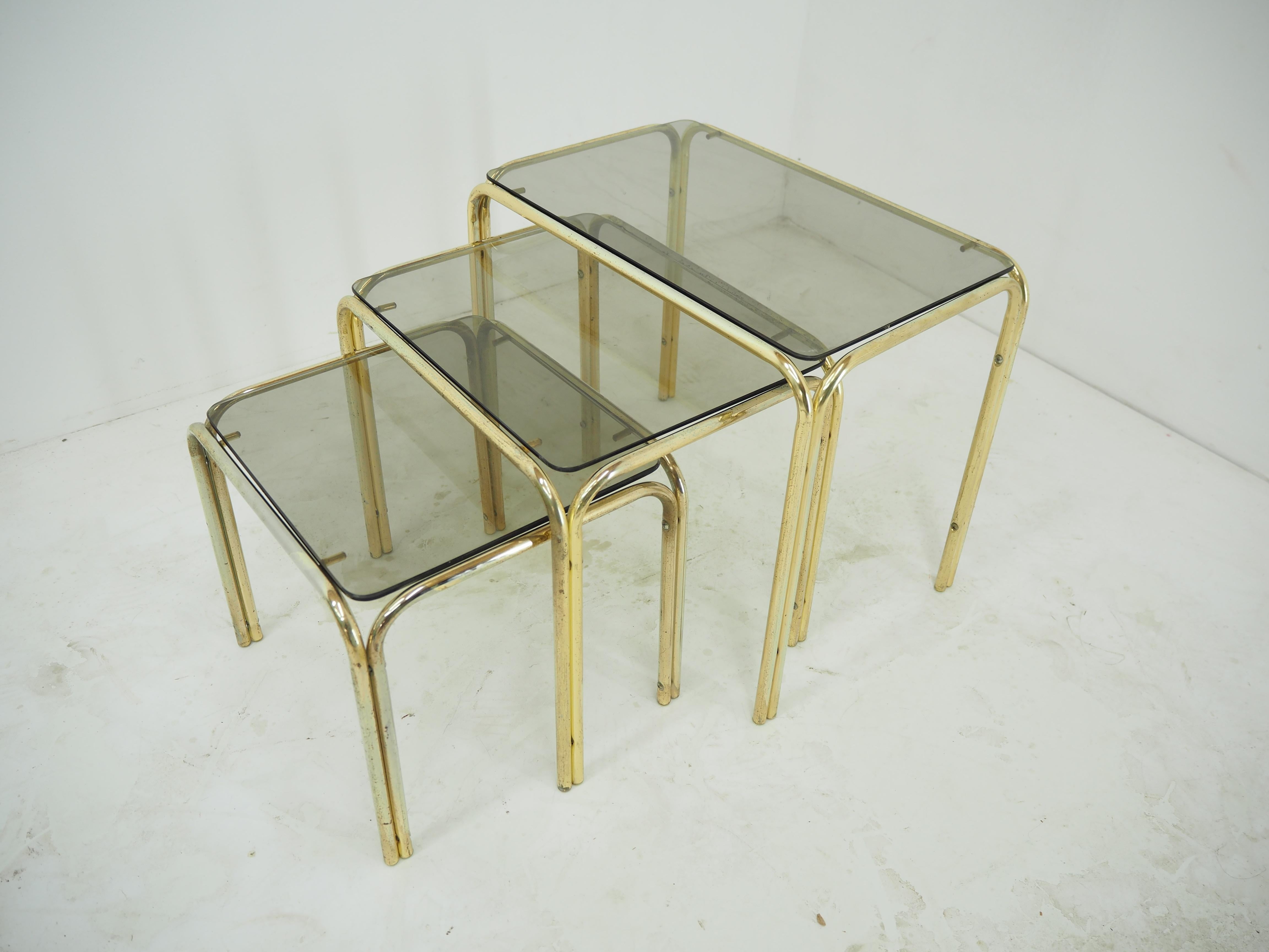 Midcentury Brass & Smoked Glass Nesting Tables, 1970s For Sale 7