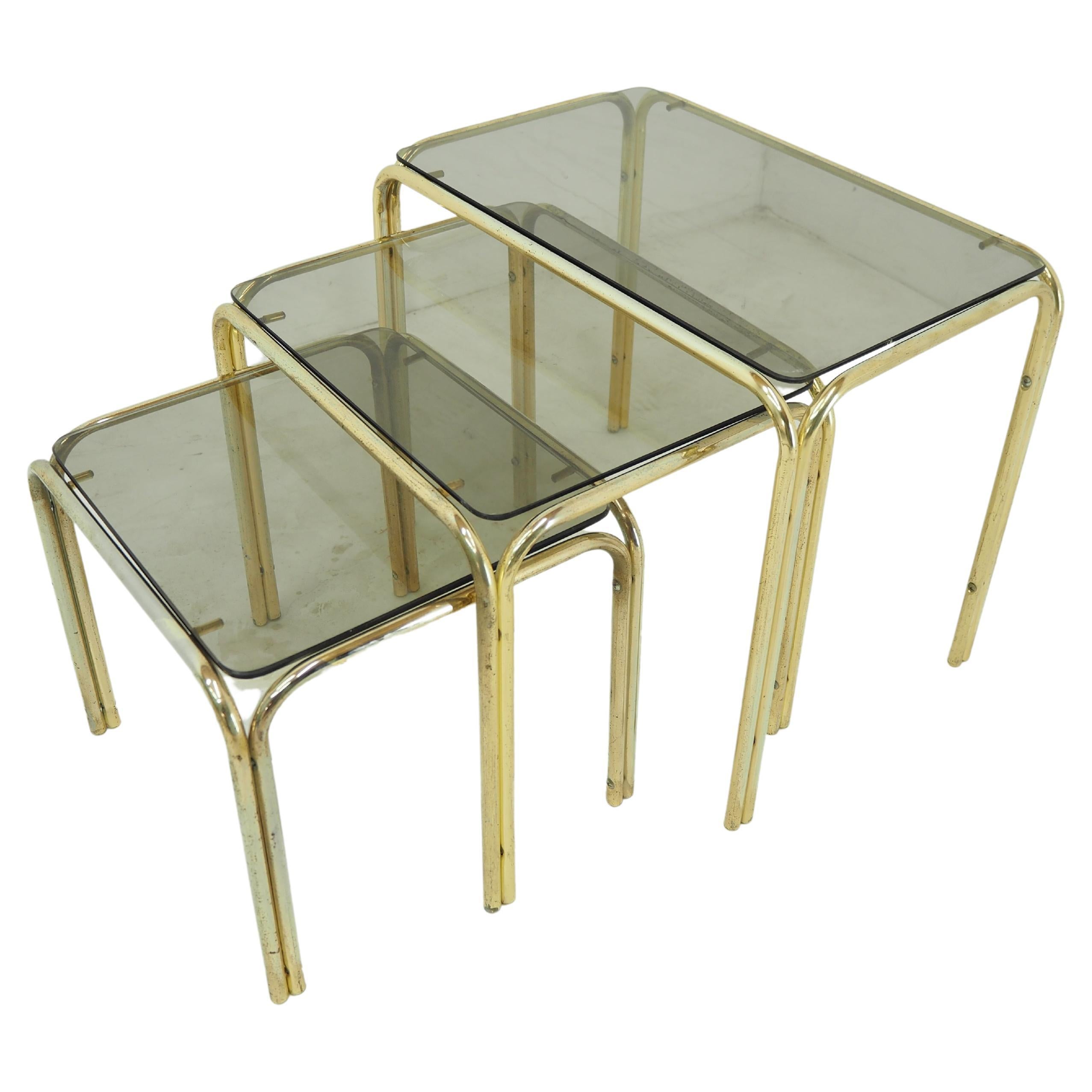 Midcentury Brass & Smoked Glass Nesting Tables, 1970s For Sale