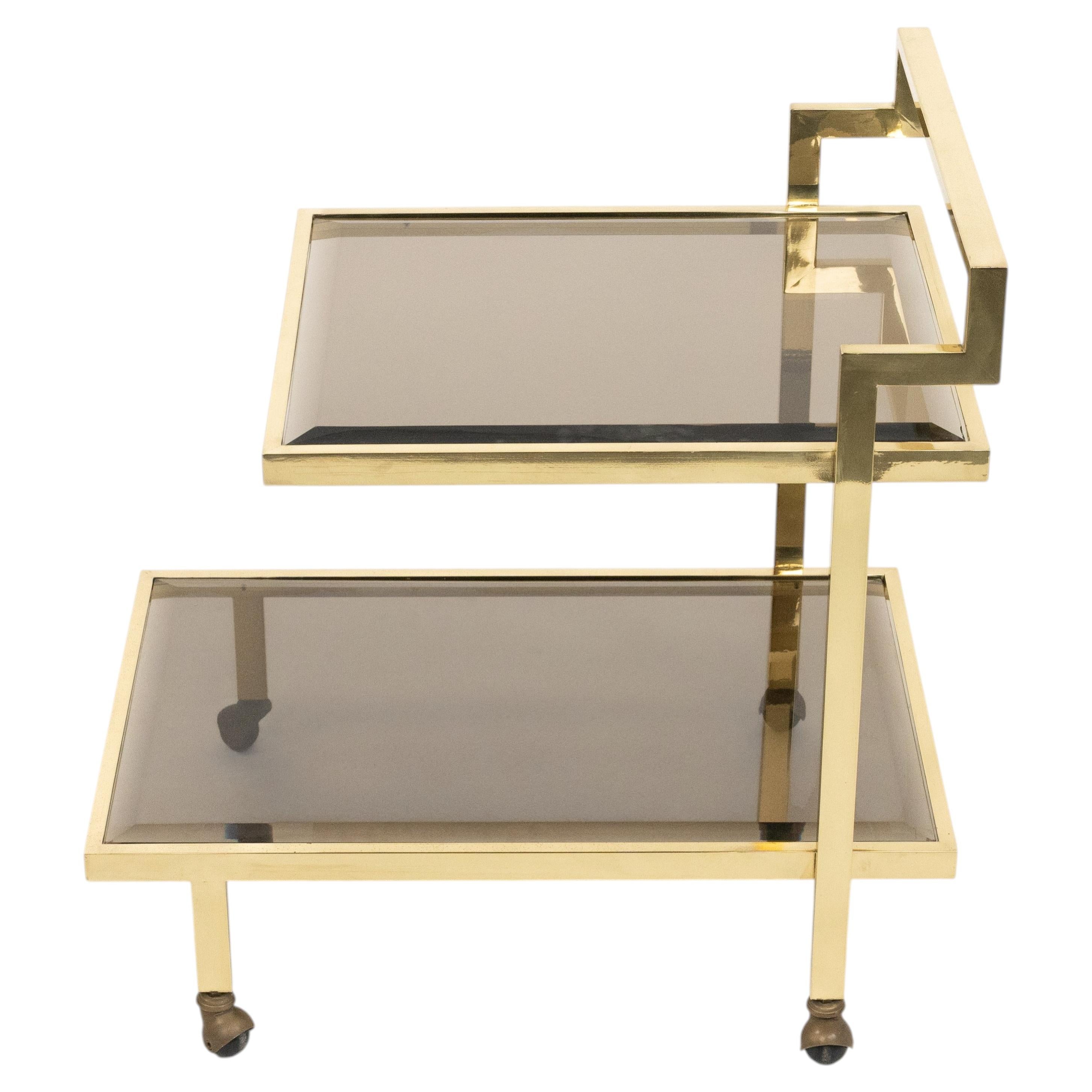 Carrello da bar in ottone e vetro fumé del Medioevo, stile Romeo Rega, Italia, anni '70