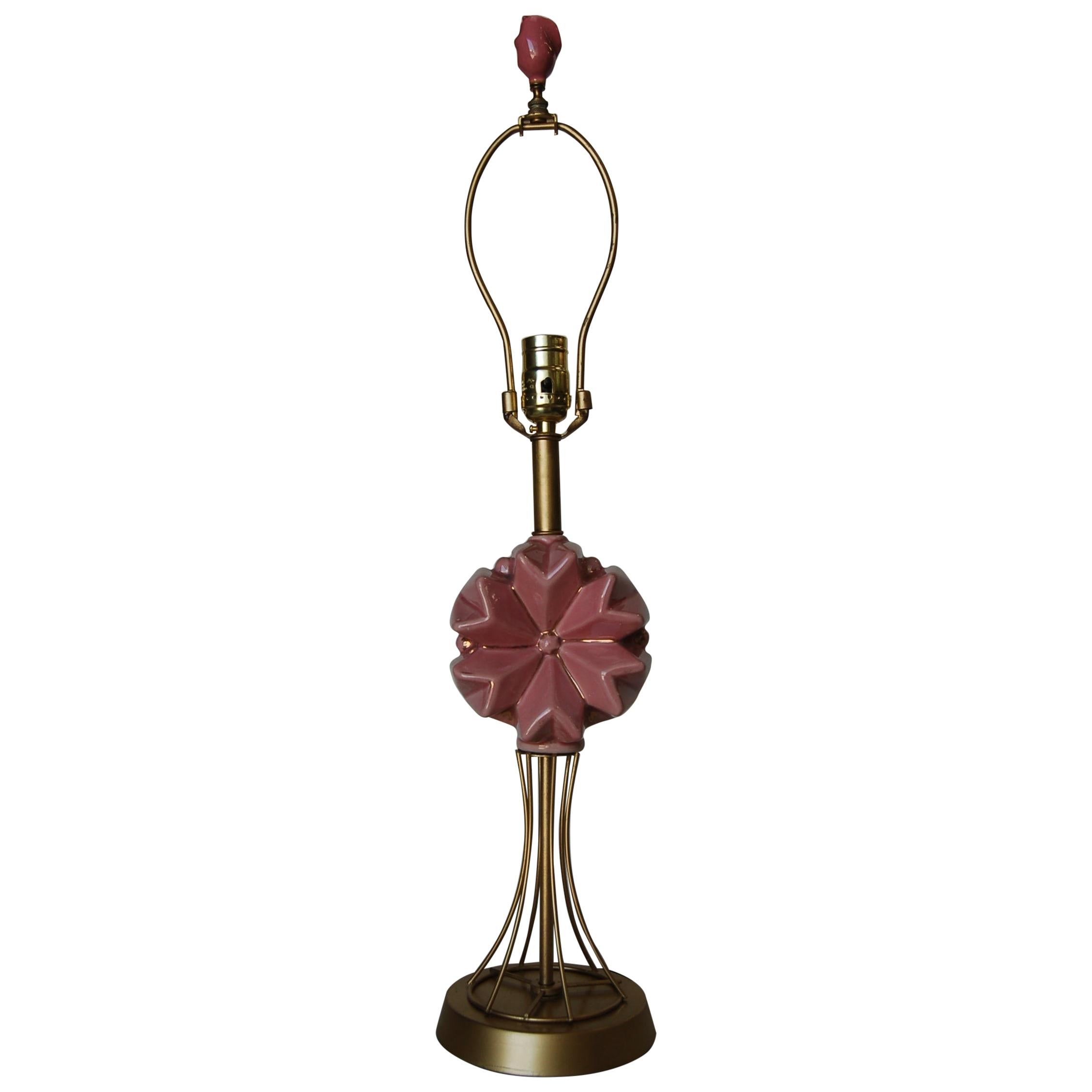Midcentury Brass Spindel Table Lamp with Ceramic Flower Accent For Sale