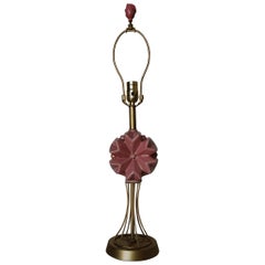 Retro Midcentury Brass Spindel Table Lamp with Ceramic Flower Accent