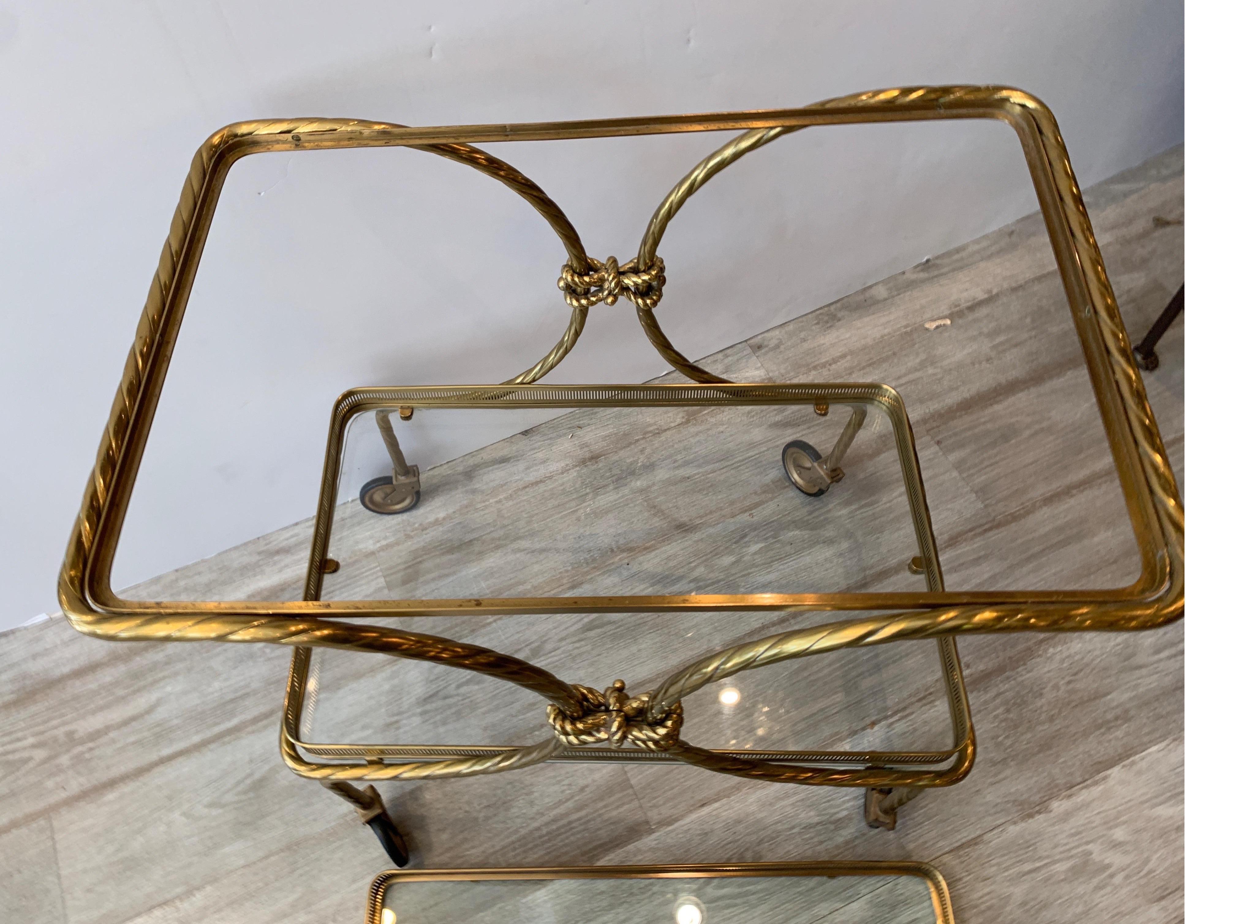 Midcentury Brass Tea Cart with Removable Top Tray and Twist Tassel Design 5