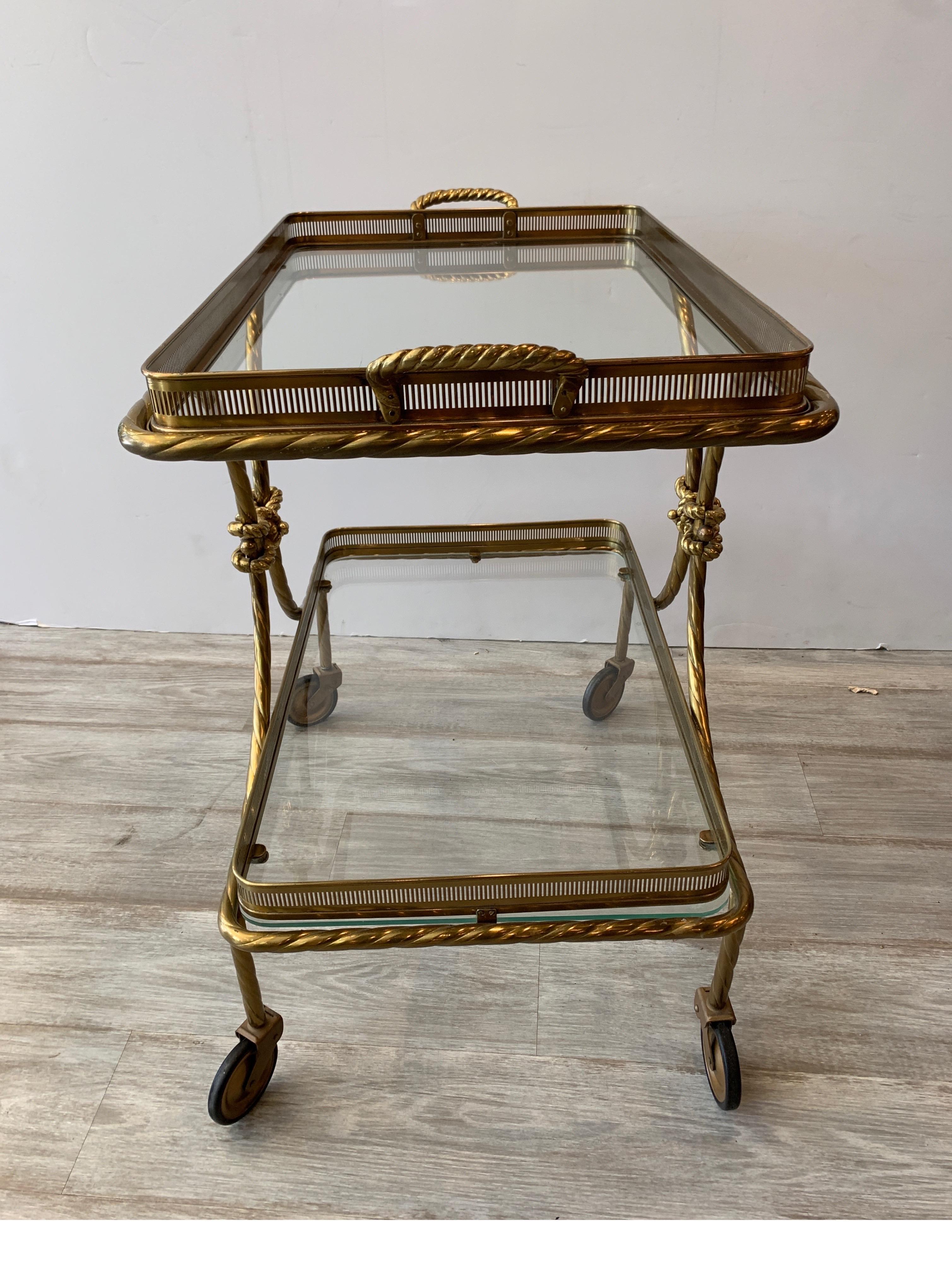 Midcentury Brass Tea Cart with Removable Top Tray and Twist Tassel Design 6