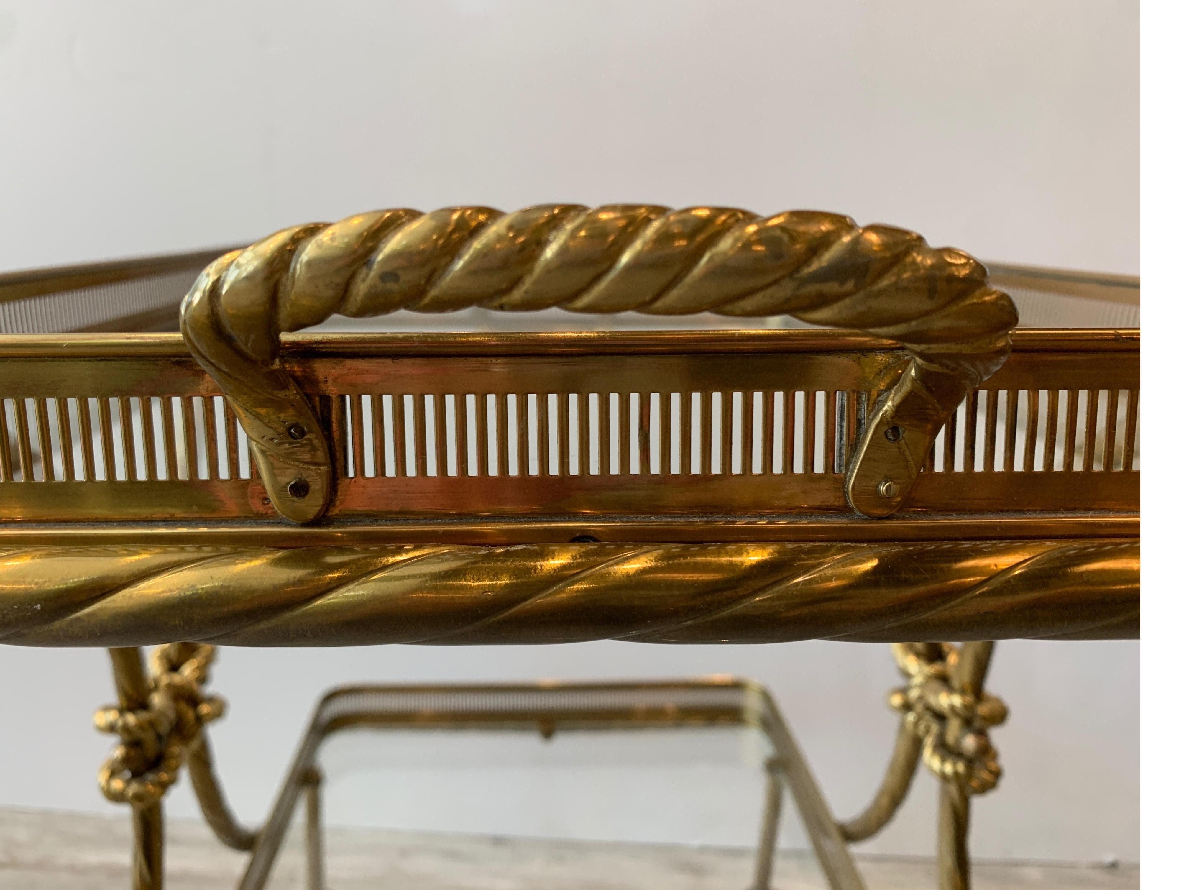 Midcentury Brass Tea Cart with Removable Top Tray and Twist Tassel Design 7