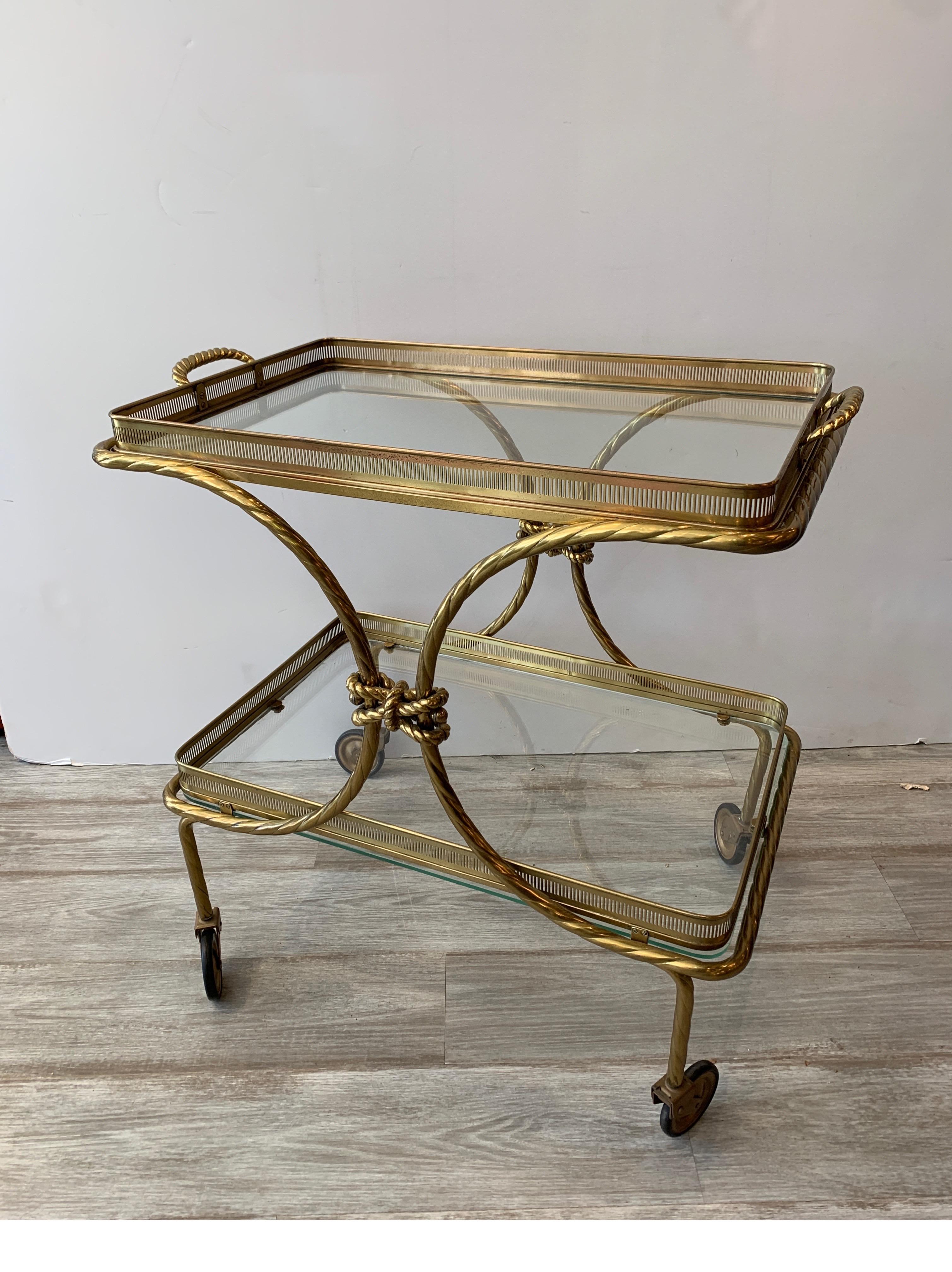 American Midcentury Brass Tea Cart with Removable Top Tray and Twist Tassel Design