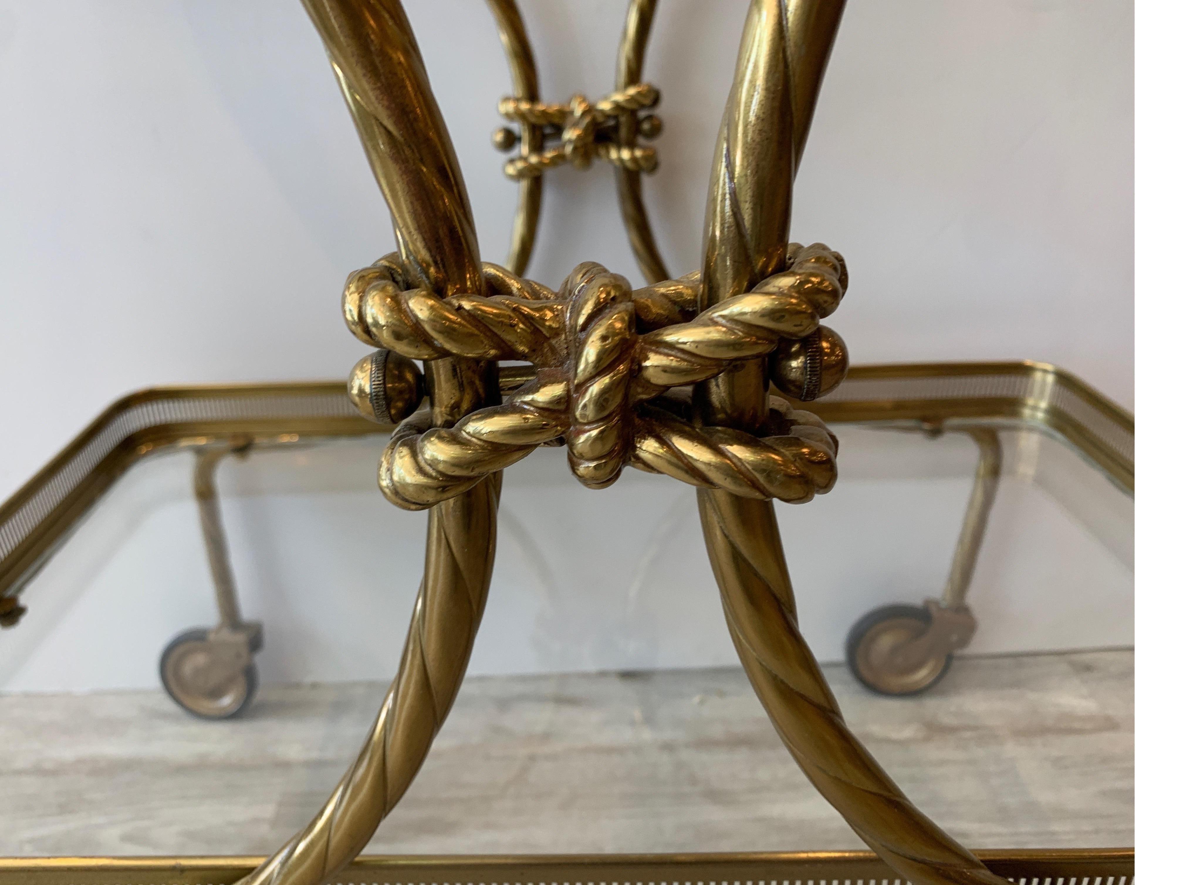 Midcentury Brass Tea Cart with Removable Top Tray and Twist Tassel Design In Good Condition In Lambertville, NJ