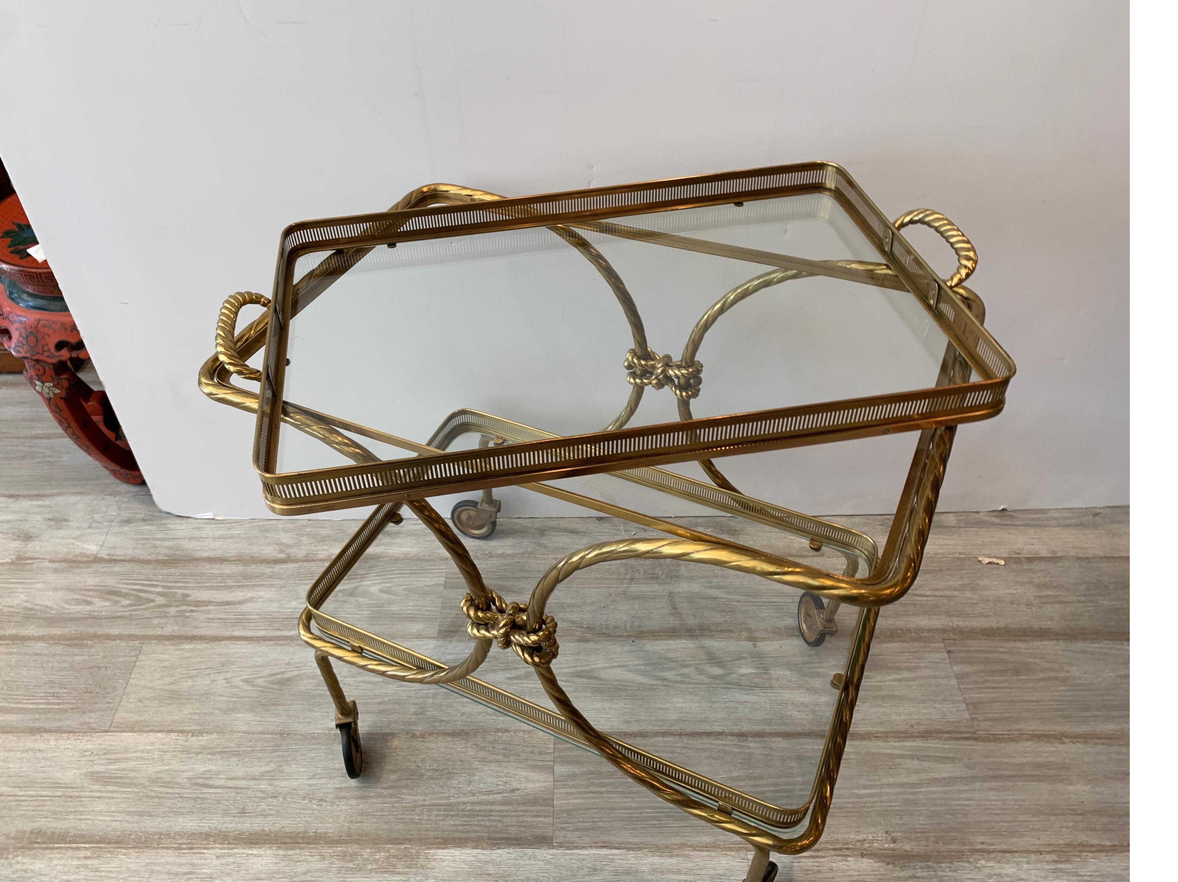 Midcentury Brass Tea Cart with Removable Top Tray and Twist Tassel Design 2