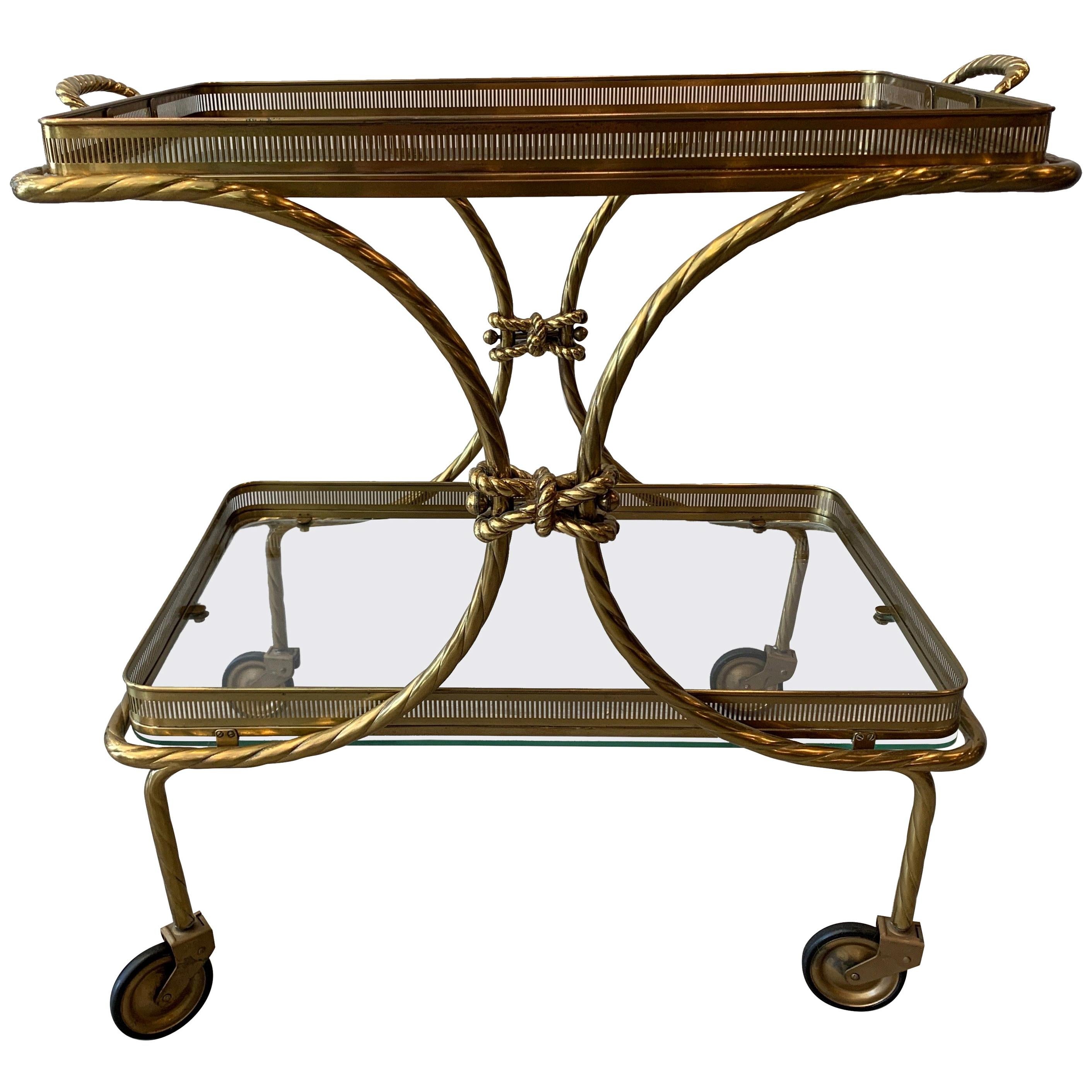 Midcentury Brass Tea Cart with Removable Top Tray and Twist Tassel Design