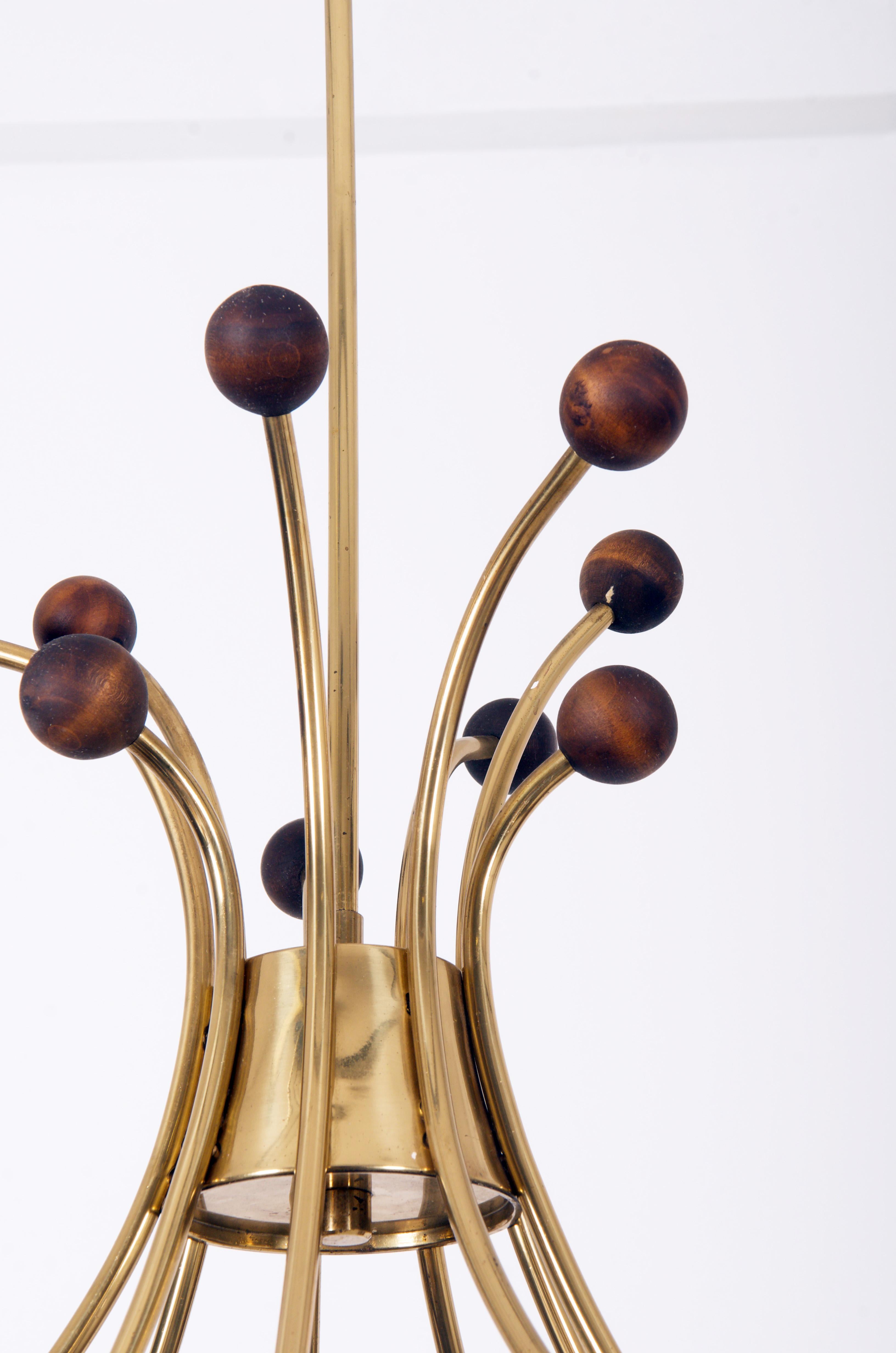 Mid-20th Century Midcentury Brass Teak Opaline Glass Chandelier by Rupert Nikoll