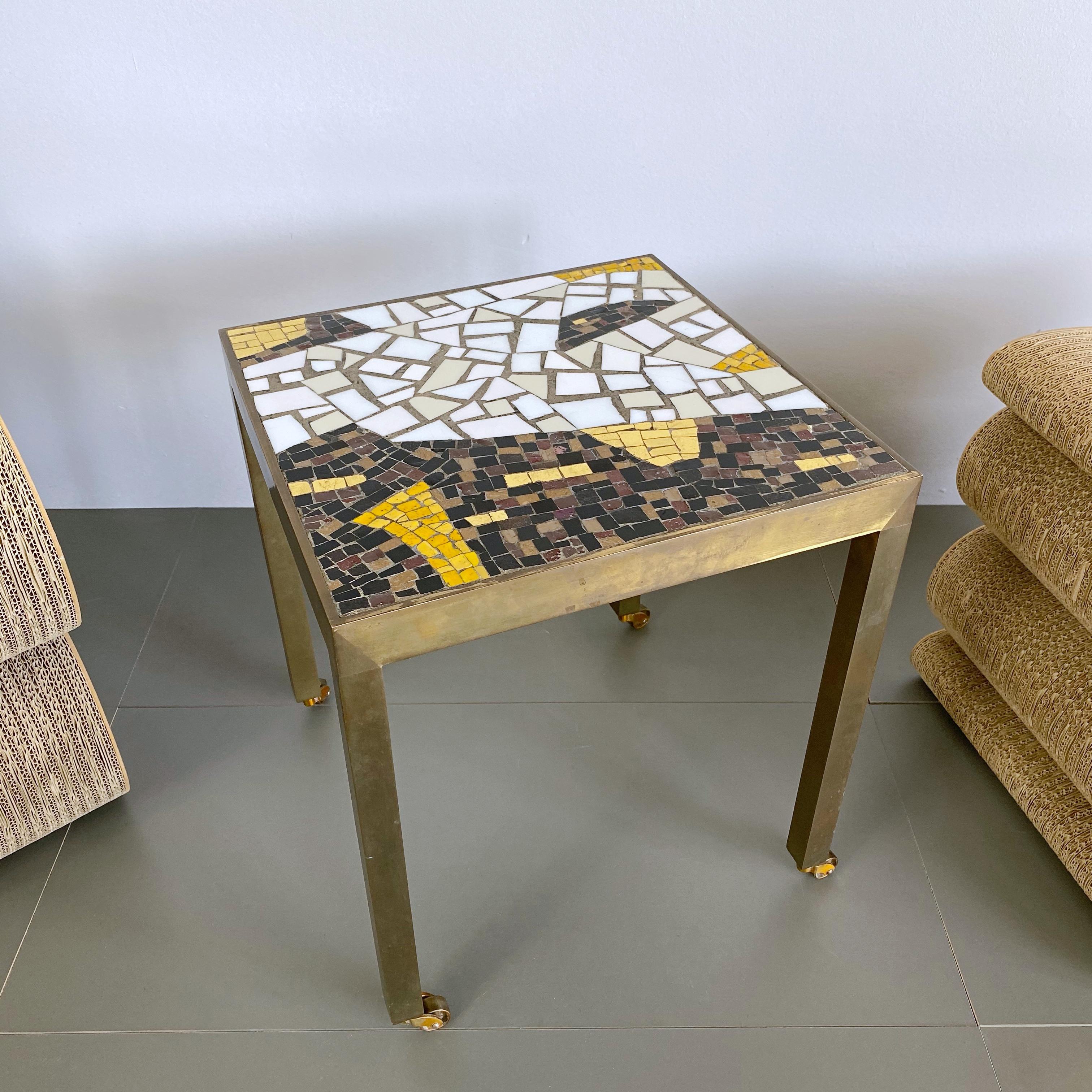 Italian Midcentury Brass Terrazzo Mosaic Side Table, 1950s, Italy For Sale