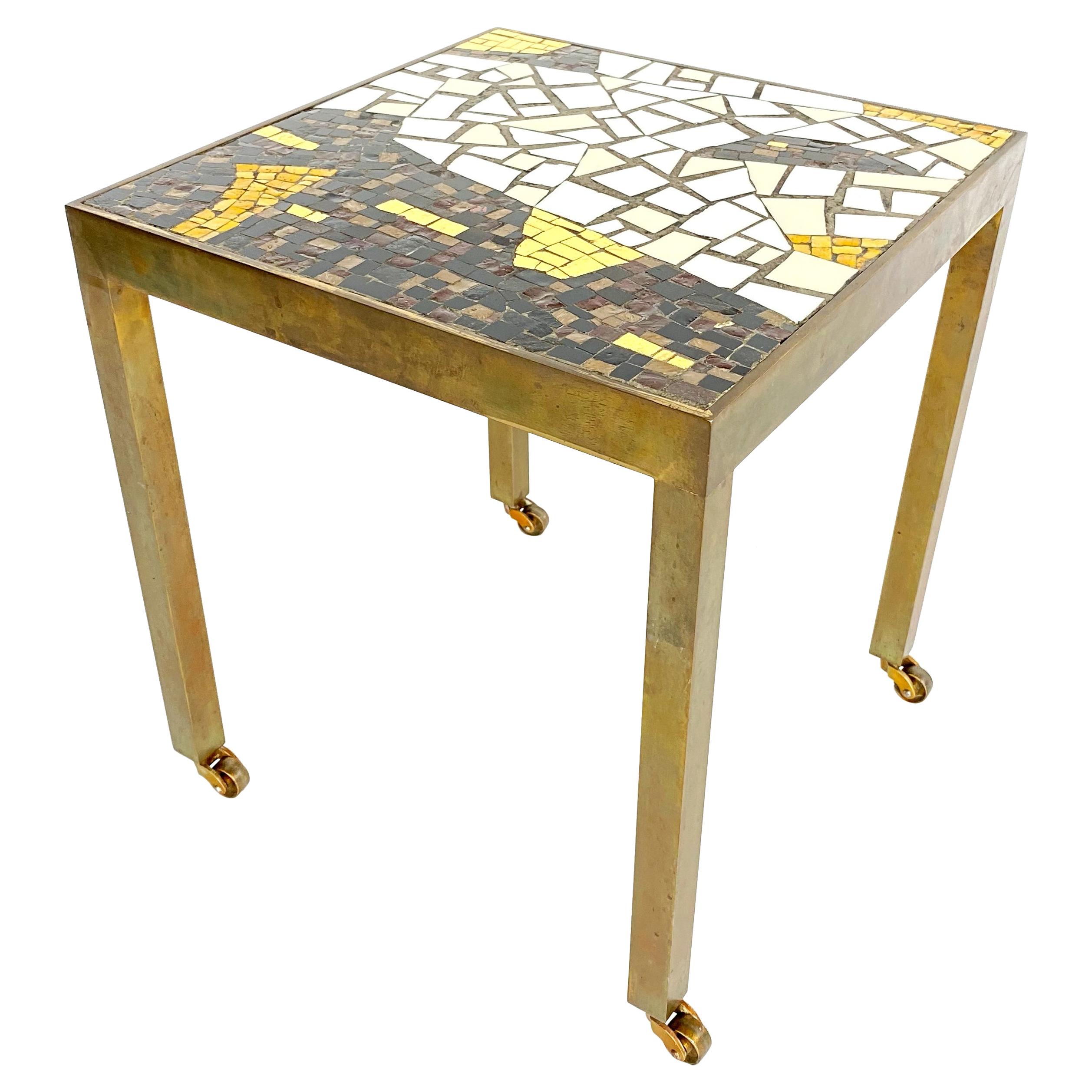 Midcentury Brass Terrazzo Mosaic Side Table, 1950s, Italy For Sale