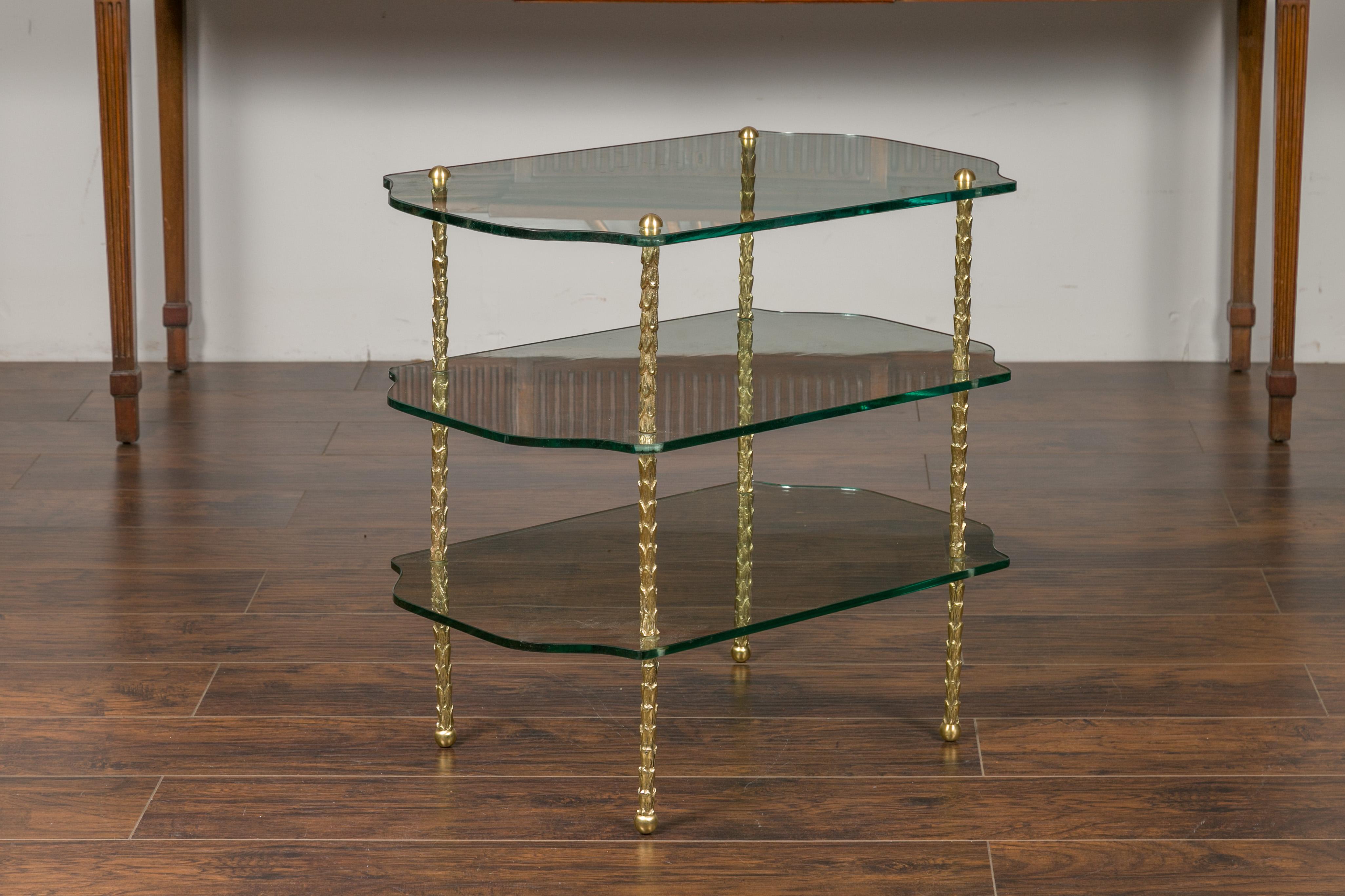 Midcentury Brass Three-Tiered Table with Glass Shelves and Foliage Motifs For Sale 3