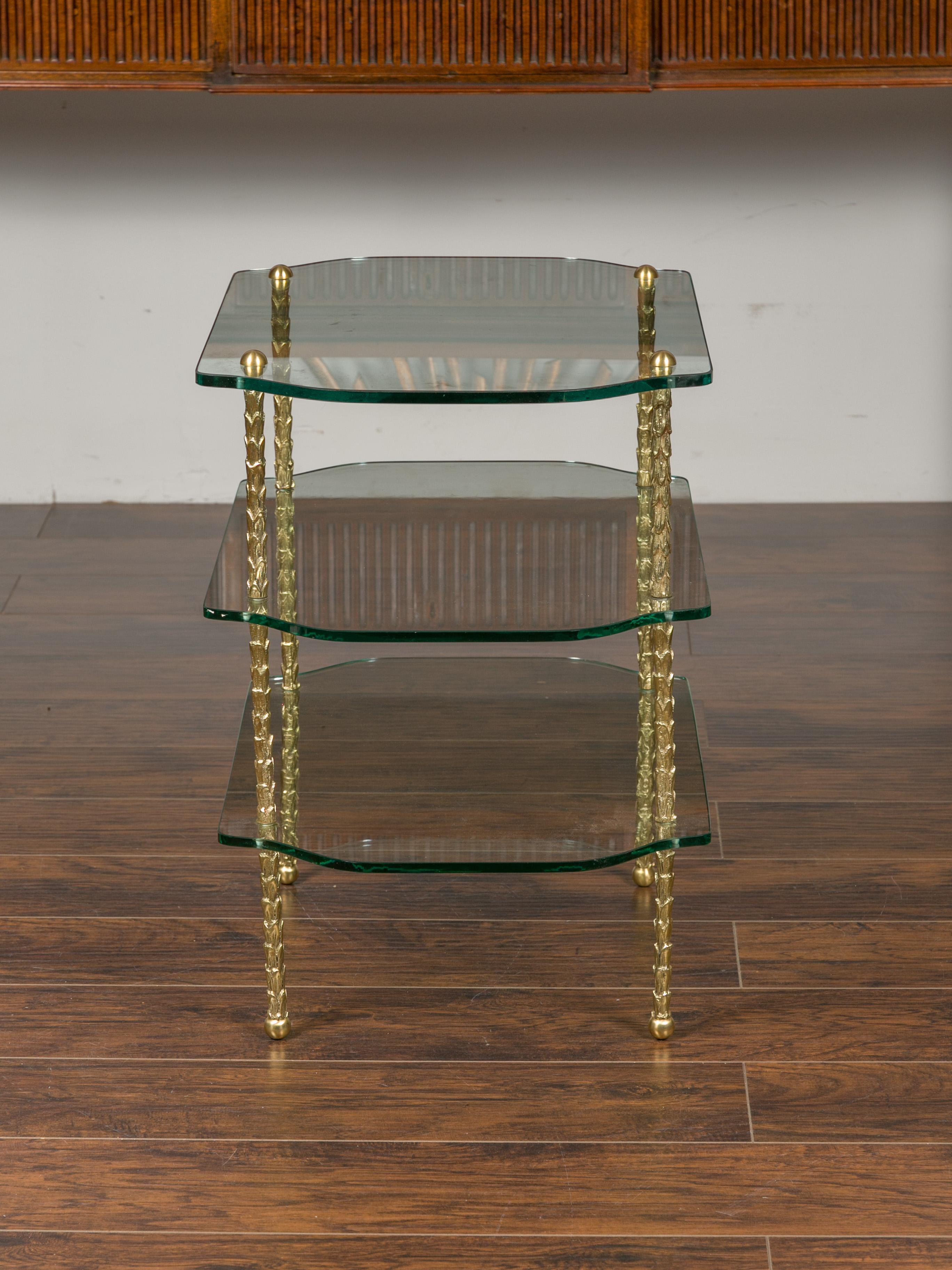 Midcentury Brass Three-Tiered Table with Glass Shelves and Foliage Motifs For Sale 4