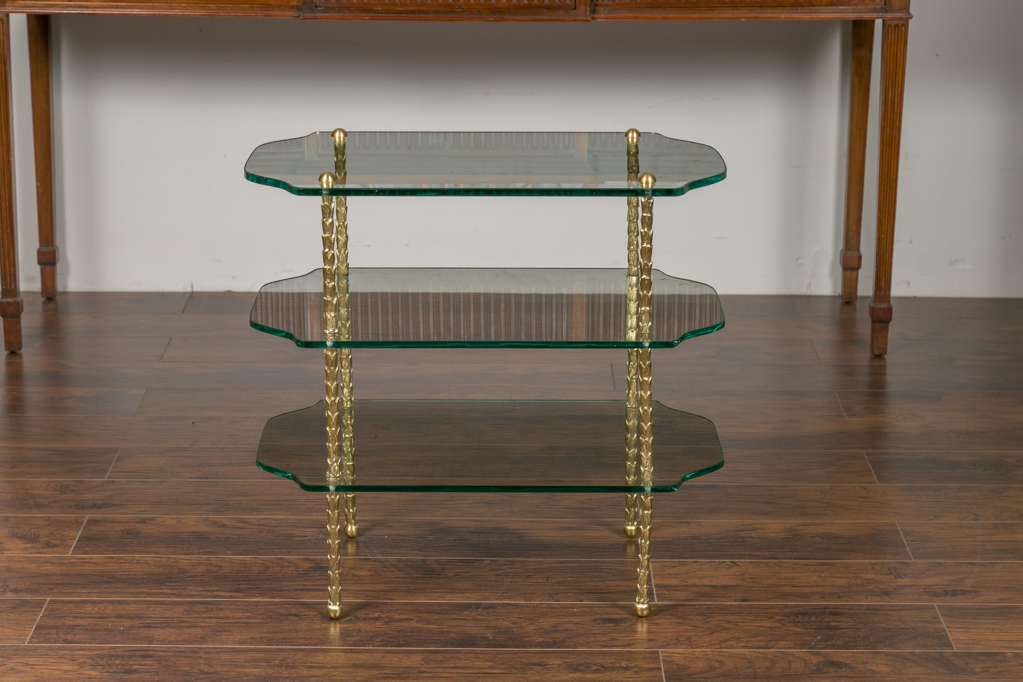 Midcentury Brass Three-Tiered Table with Glass Shelves and Foliage Motifs For Sale 5