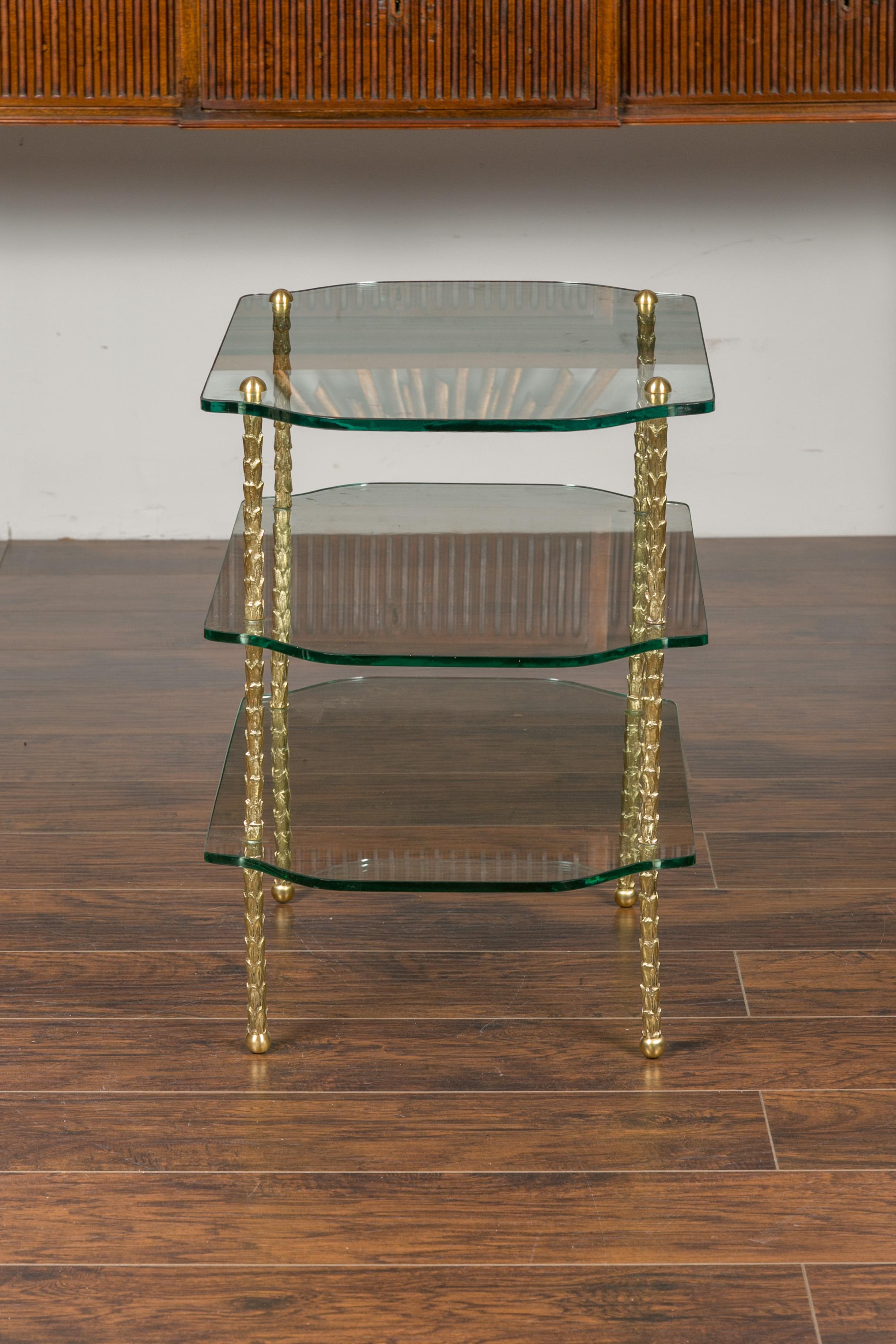 Midcentury Brass Three-Tiered Table with Glass Shelves and Foliage Motifs For Sale 6