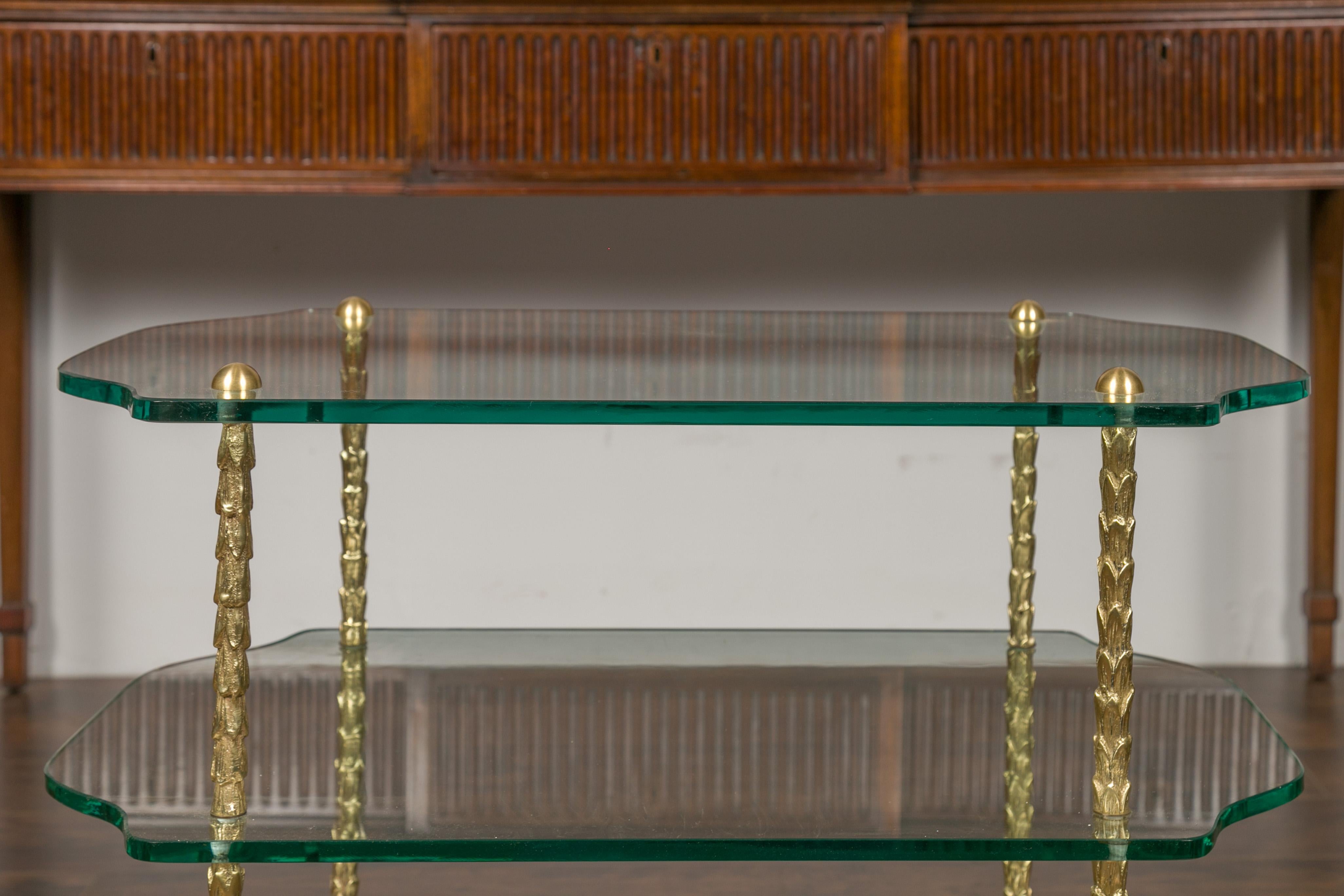 European Midcentury Brass Three-Tiered Table with Glass Shelves and Foliage Motifs For Sale