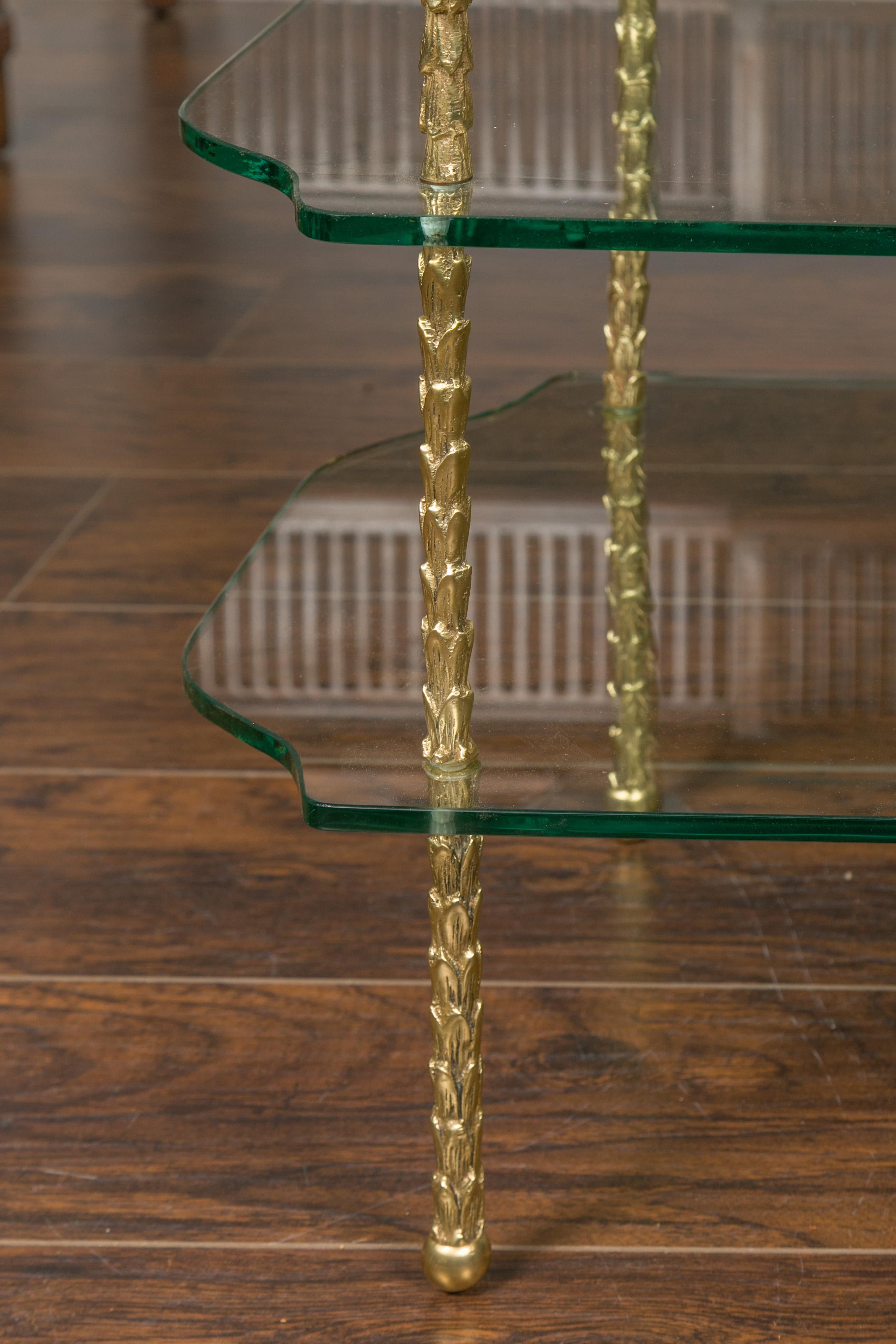 Midcentury Brass Three-Tiered Table with Glass Shelves and Foliage Motifs For Sale 1