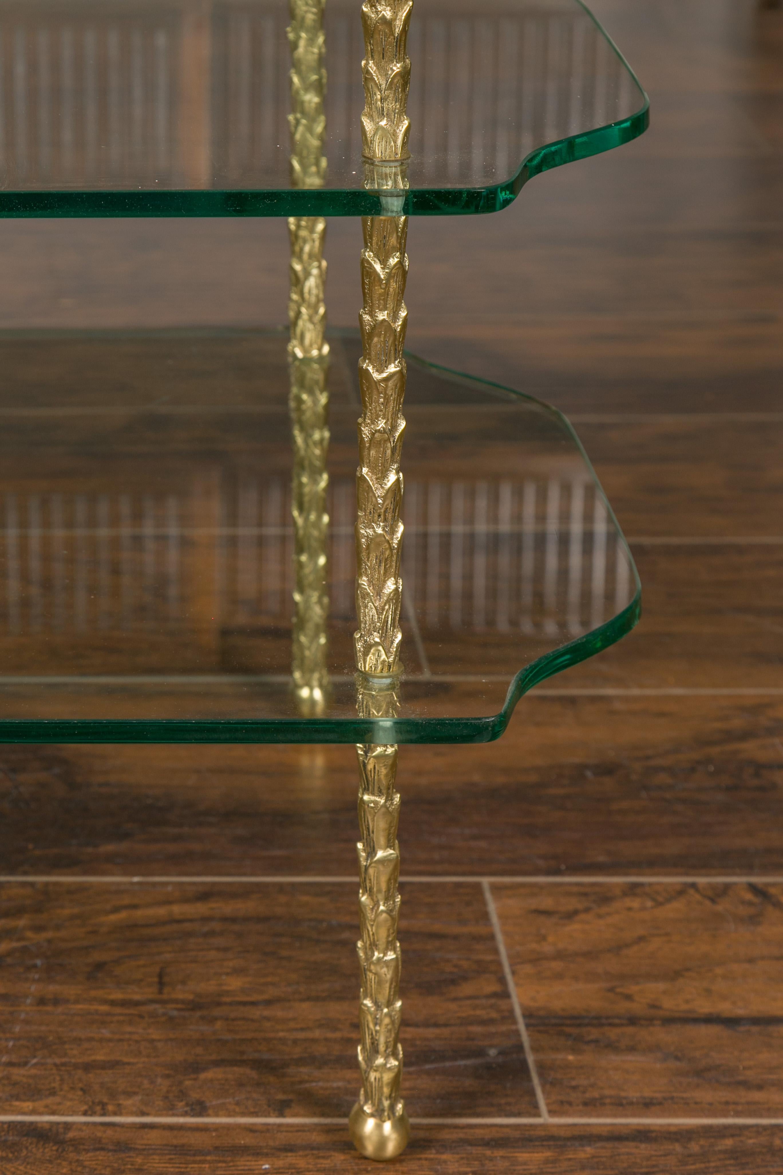 Midcentury Brass Three-Tiered Table with Glass Shelves and Foliage Motifs For Sale 2