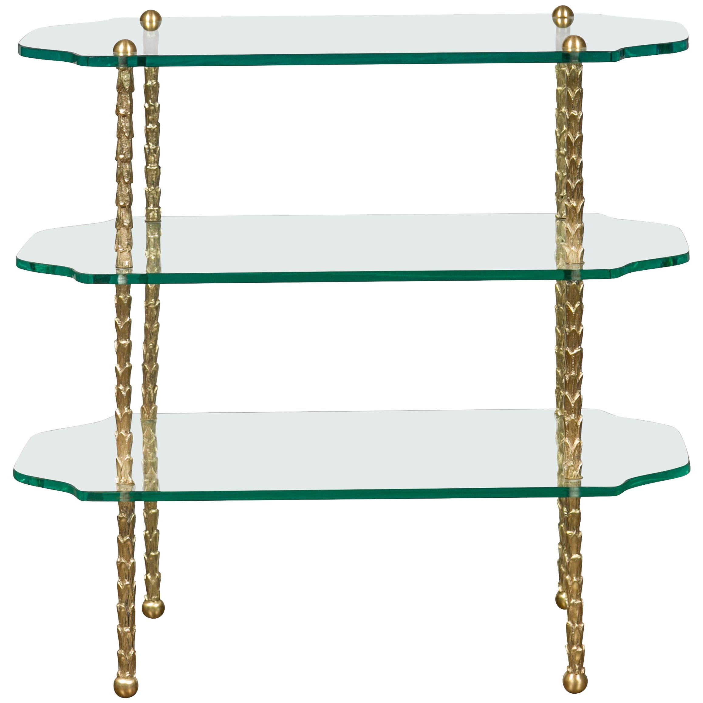 Midcentury Brass Three-Tiered Table with Glass Shelves and Foliage Motifs