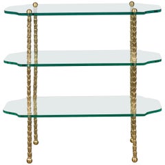 Midcentury Brass Three-Tiered Table with Glass Shelves and Foliage Motifs