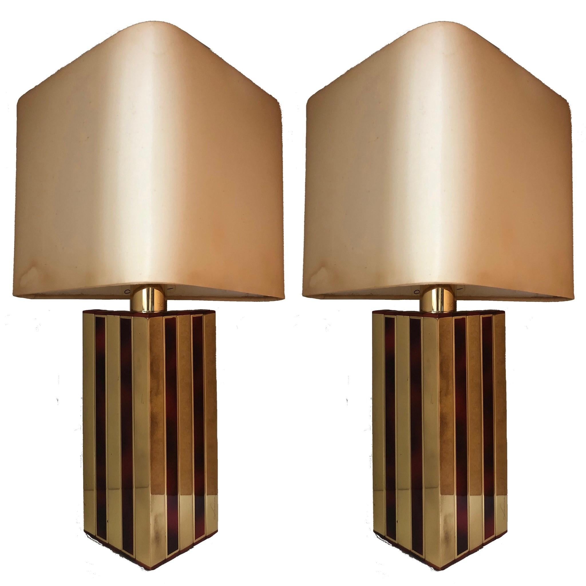 Midcentury Brass Tortoiseshell Enamel Pair of Table Lamps by BD Lumica, 1970s 4