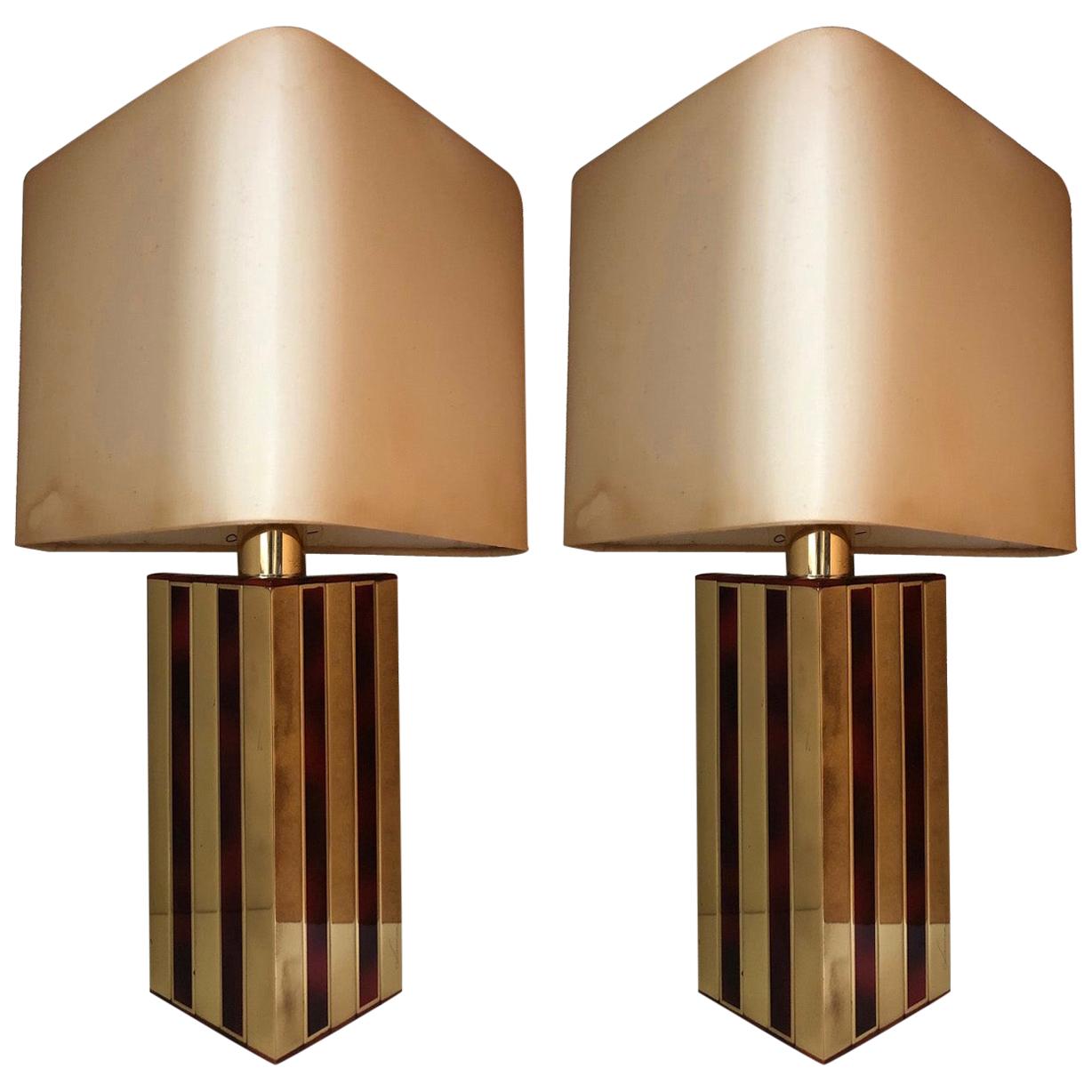 Midcentury Brass Tortoiseshell Enamel Pair of Table Lamps by BD Lumica, 1970s 6