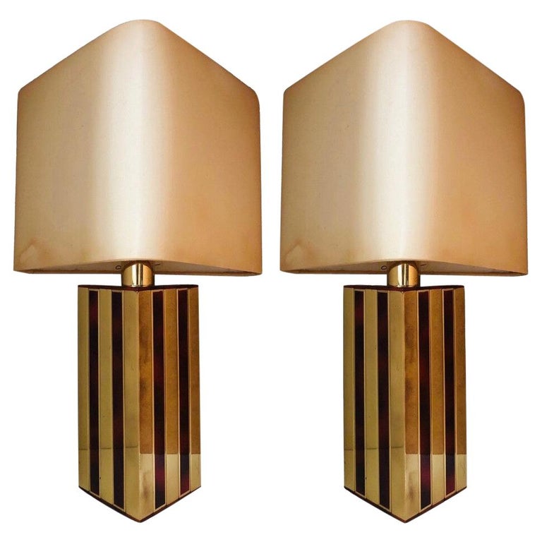 Midcentury Brass Tortoiseshell Enamel Pair of Table Lamps by BD Lumica, 1970s For Sale