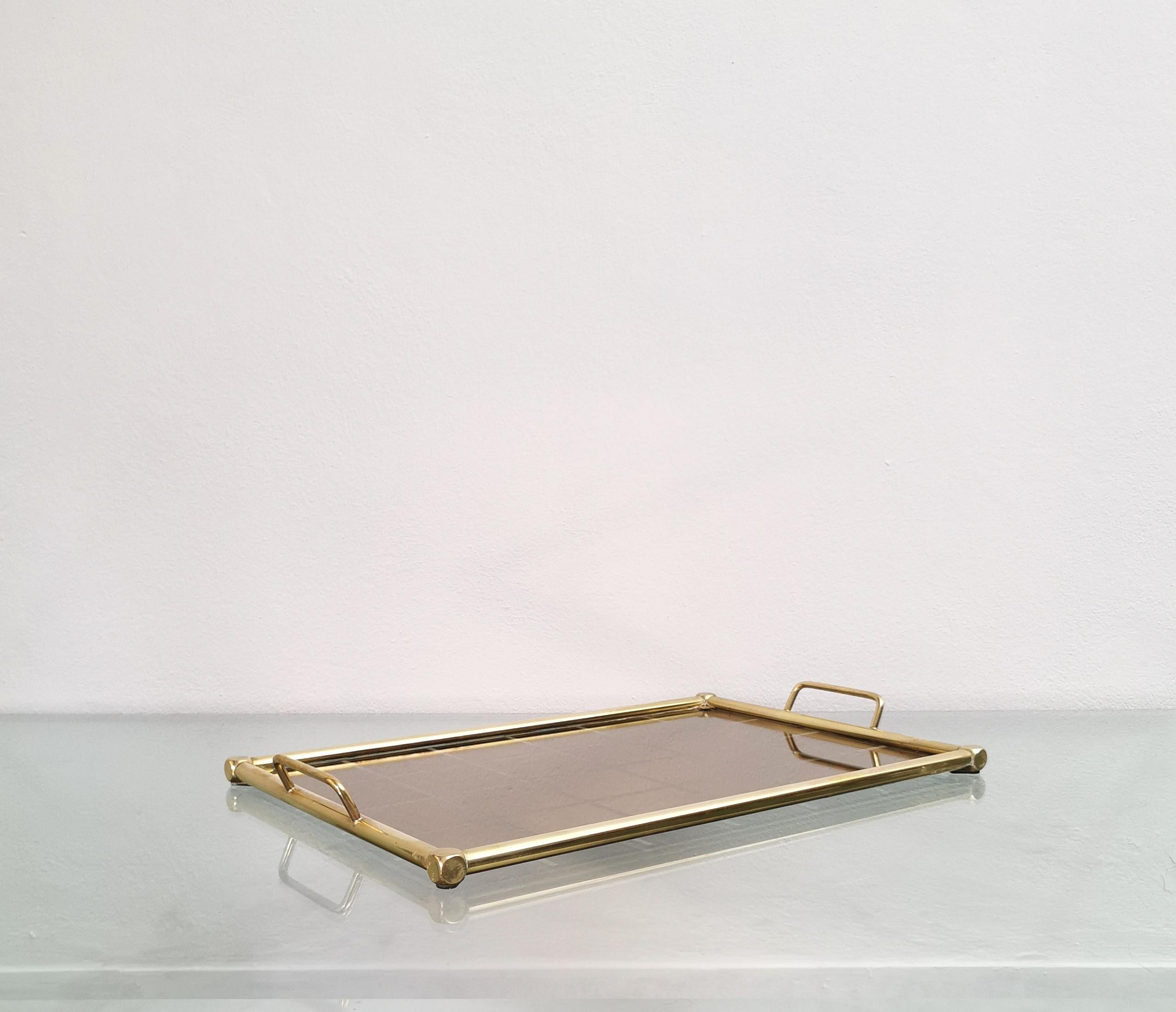 Mid-Century Modern Midcentury Brass Tray Table Mirrored Glass Rectangular Italian Design, 1960s For Sale