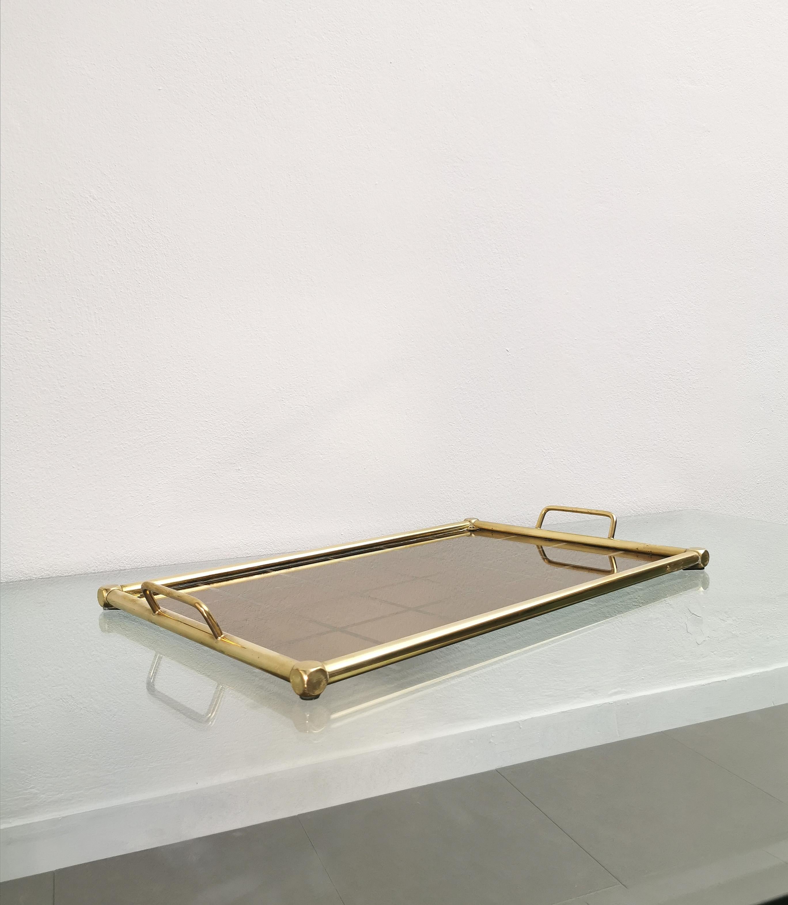 Mid-20th Century Midcentury Brass Tray Table Mirrored Glass Rectangular Italian Design, 1960s For Sale