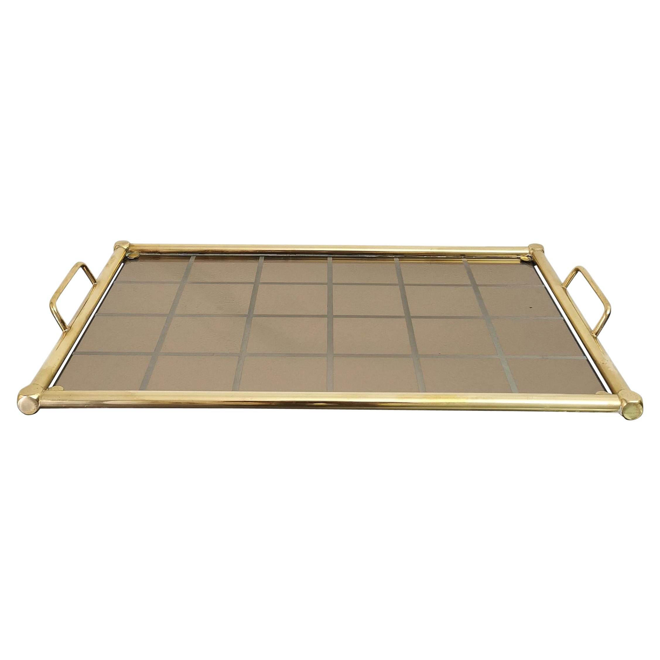 Midcentury Brass Tray Table Mirrored Glass Rectangular Italian Design, 1960s