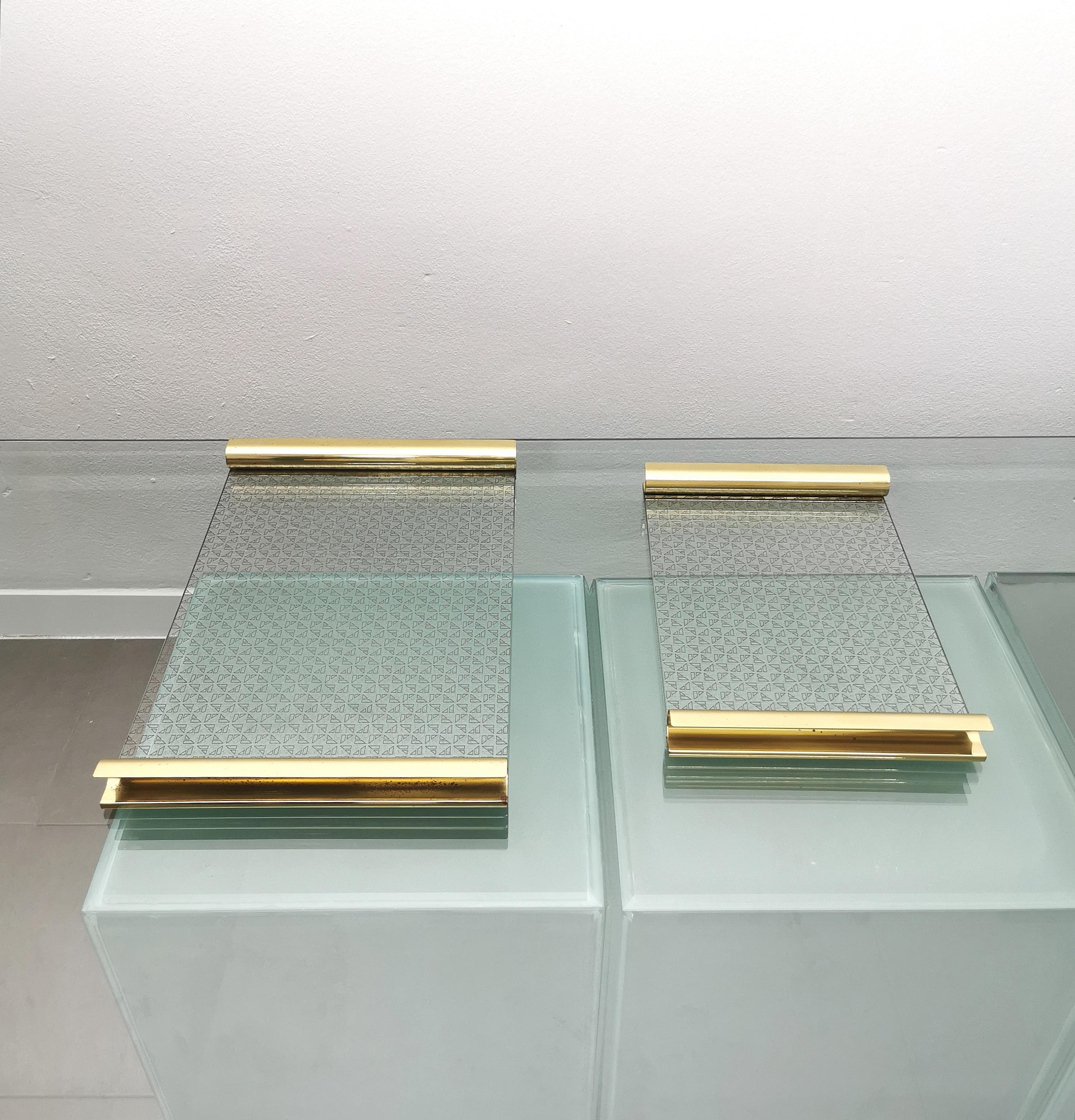 Midcentury Brass Tray Tables Glass Rectangular Italian Design 1970s Set of 2 For Sale 6