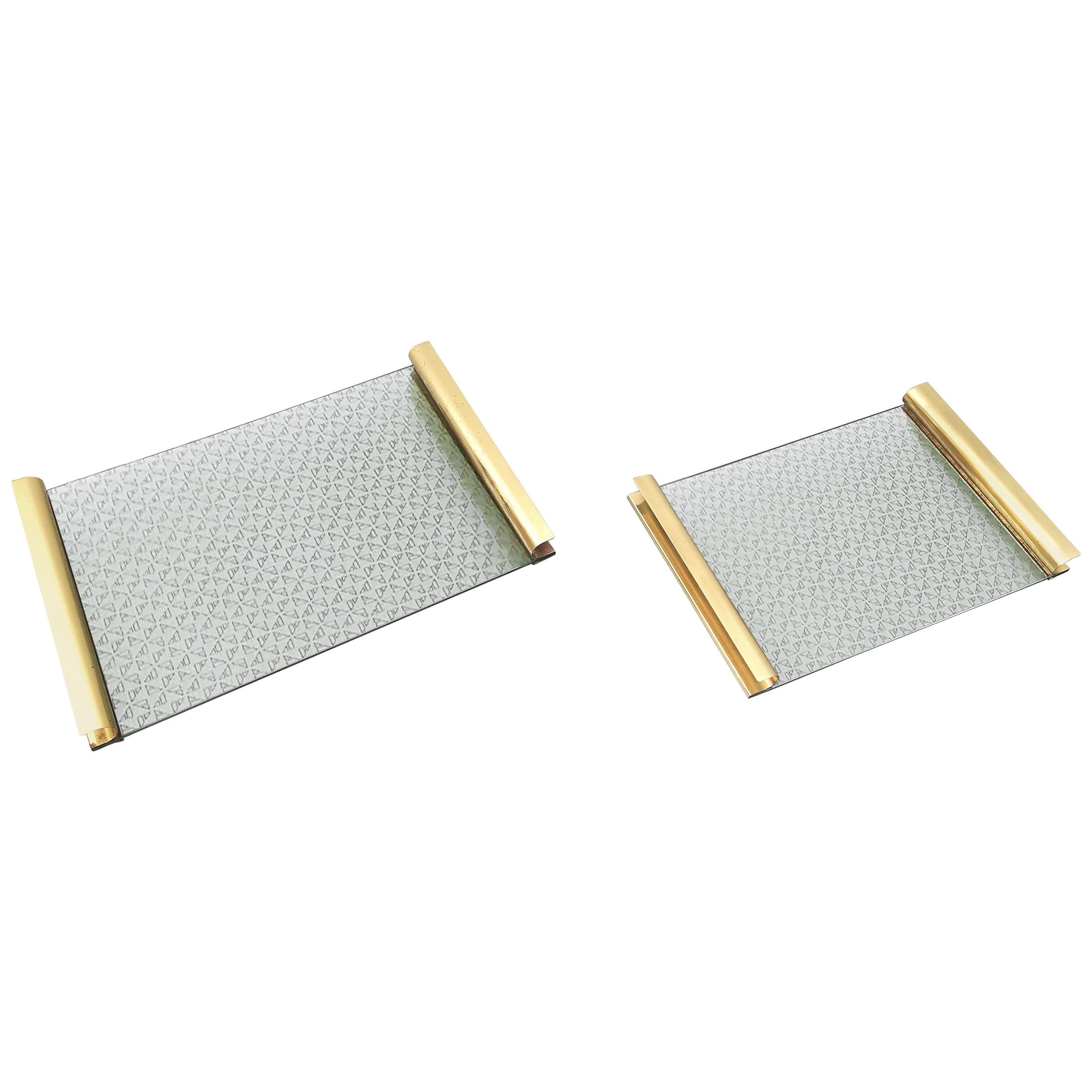 Midcentury Brass Tray Tables Glass Rectangular Italian Design 1970s Set of 2