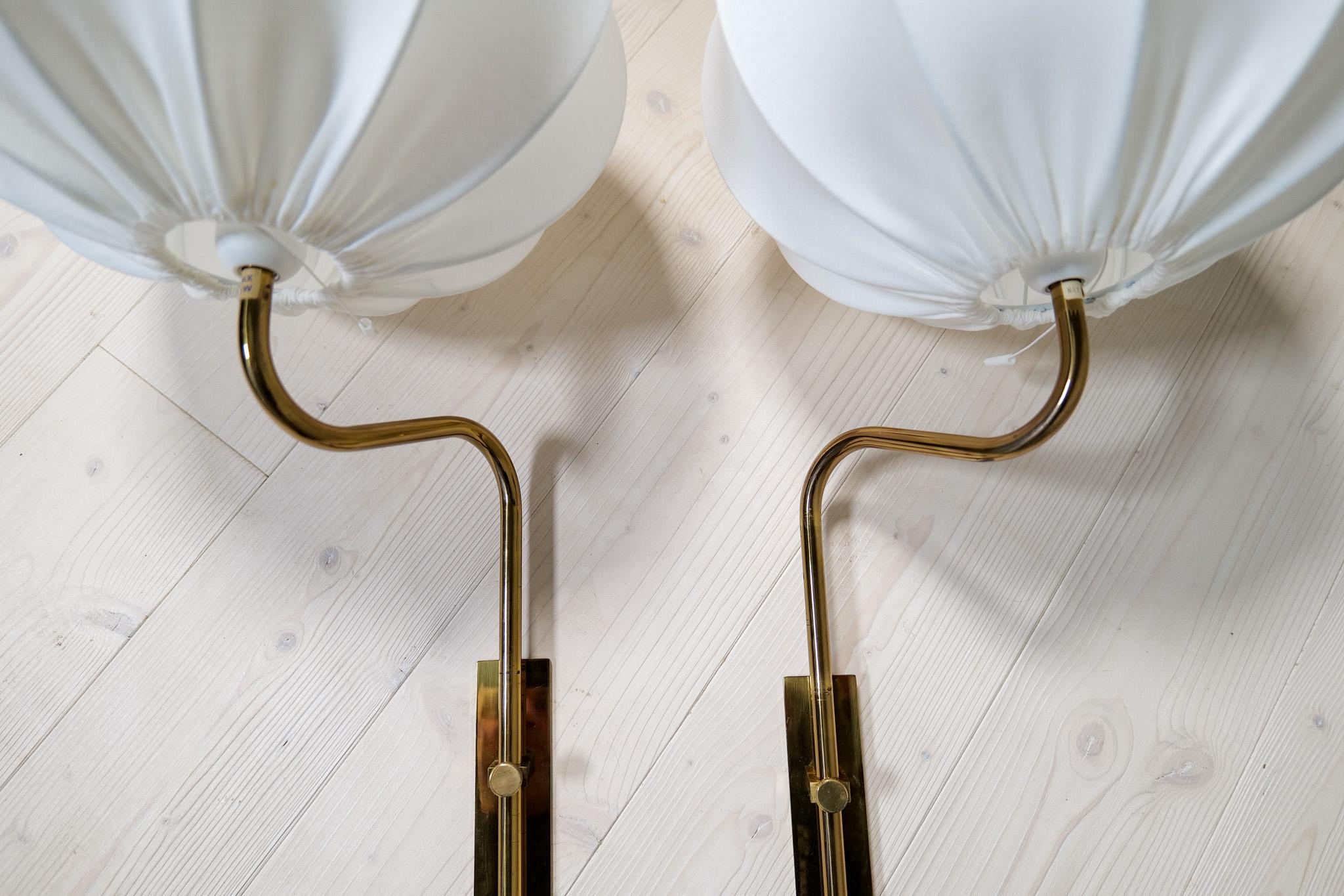 Midcentury Brass Wall Lights Bergboms with Cotton shades, Sweden, 1970s 4