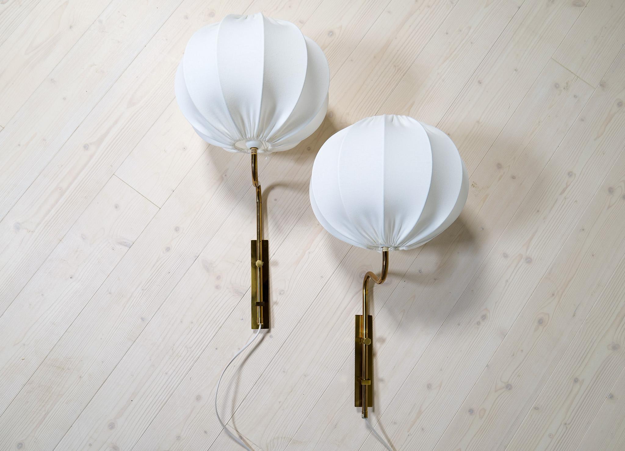 Midcentury Brass Wall Lights Bergboms with Cotton shades, Sweden, 1970s 1