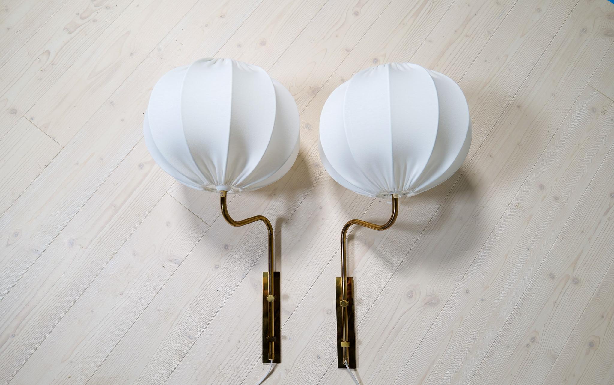 Midcentury Brass Wall Lights Bergboms with Cotton shades, Sweden, 1970s 2